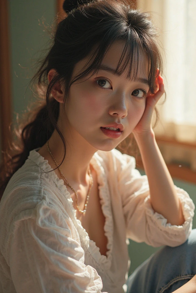 (((masterpiece))), (((cowboy shot,sitting in a standing seat)),(One beautiful Japan girl, Innocence,kawaii) ,超A high resolution, Realistic, ultra-detailliert, 8K,top-quality, Extremely detailed, blurry backround,A slender,small tits,very beautiful japanese girl, Detailed face:1.3), (Short hair like a boy,A dark-haired :1.4), (a baby face,kawaii系,adorable 10 year old girl), (Perfect body:1.1), (White sheer cardigan,Light brown pleated mini skirt), Crying face,looking downwards,Super Detailed Face、Detailed lips、Detailed Big Eyes、small gravure idol,Transparent skin、Lori,carrying a small black backpack,Inside an empty train,Looking up from the ground,natta, Warm tones
