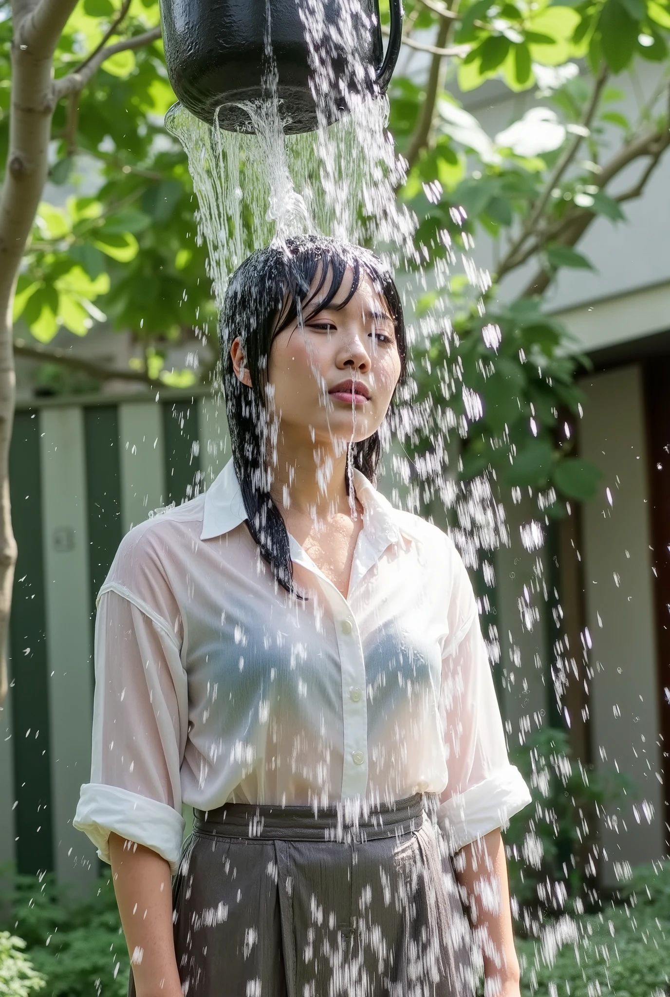 Japanese woman in backyard, casual clothing, having a bucket of water poured over her head.