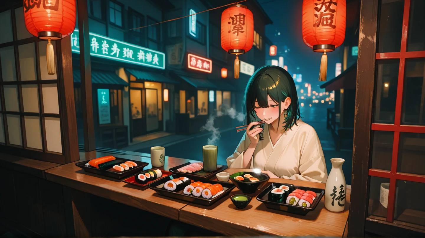 (masterpiece, best quality),(night,trash,junk:1.3),(alley in Japan,casserole),1girl,sleep,messy,empty can,black hair,long hair,messy hair,black clothes,japanese clothes,crate,skewer,tokkuri,sukiyaki,oden,small breasts,lie down on the ground