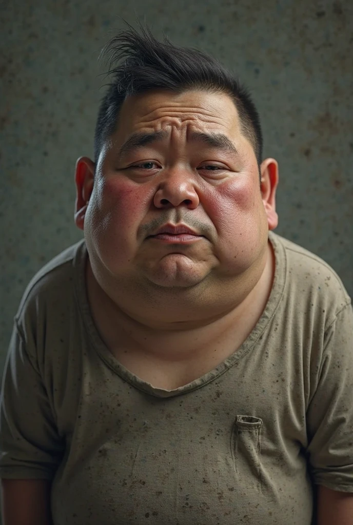 man (detail of round face, sharp eyes, thick lips) stocky posture (short stature), facing the camera, naked (detail of penis and testicles)