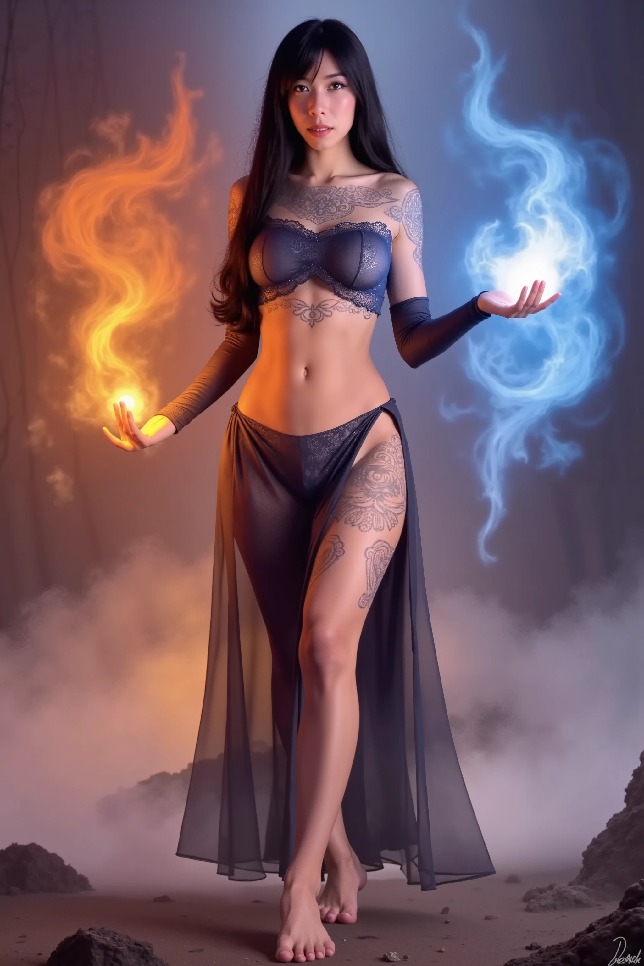 A lovely sorceress (cute, sexy dress, tattoos, bare feet), she is calling upon fire and ice controlling an orb of each in ether hand,, fantasy art style of boris valejo