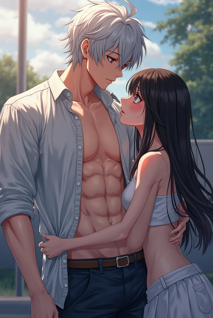 masterpiece, high quality, High resolution, super detailed, perfect anatomy, handsome boy, beautiful eyes, beautiful girl,((((1 boy and 1 girl)))),((couple)), duo, hetero, hug from behind, silver hair, ultra micro bikini