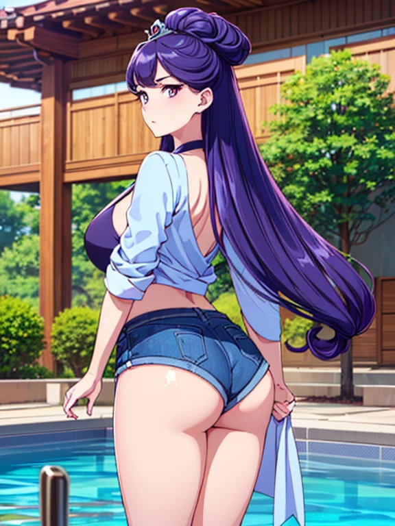 a woman in a White Towel sitting on a ledge, Hinata from Naruto, beautiful anime girl squatting, Hinata, thicc, she wears a White Towel, Hinata, looking from behind, back pose, full growth from the back, in full growth from the back, seductive anime girl, anime woman, Purplish hair. Wet body