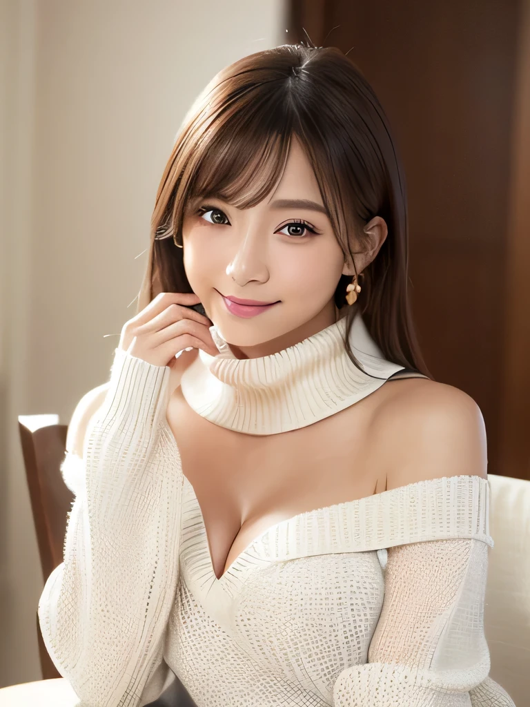 On the table, best quality, Photorealism, Finely, high resolution, 8k wallpaper, Perfect dynamic composition, Delicate and beautiful eyes, Medium Length Hair, Full breasts, Casual sexy poses,Chest to chest、(Khaki Knitted Stand Collar Cropped Vest,Showing cleavage)、(Breast bulge 1.2)、laughter、open mouth、View from the resort、23 years old、(Sagging eyes 1.4)、Adult Beauty、Japanese