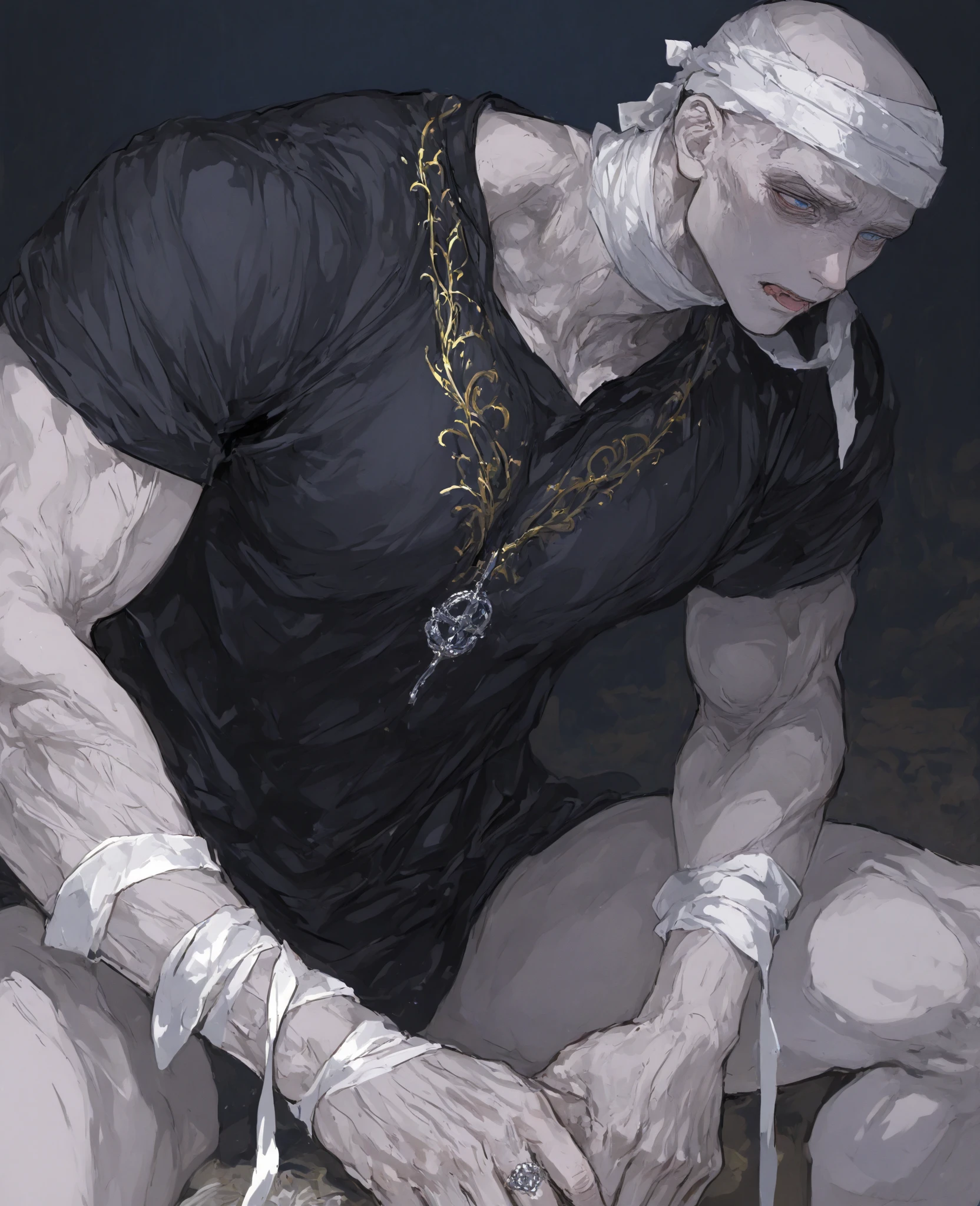 Male mummy, white bandage, face bandage, white eyes,