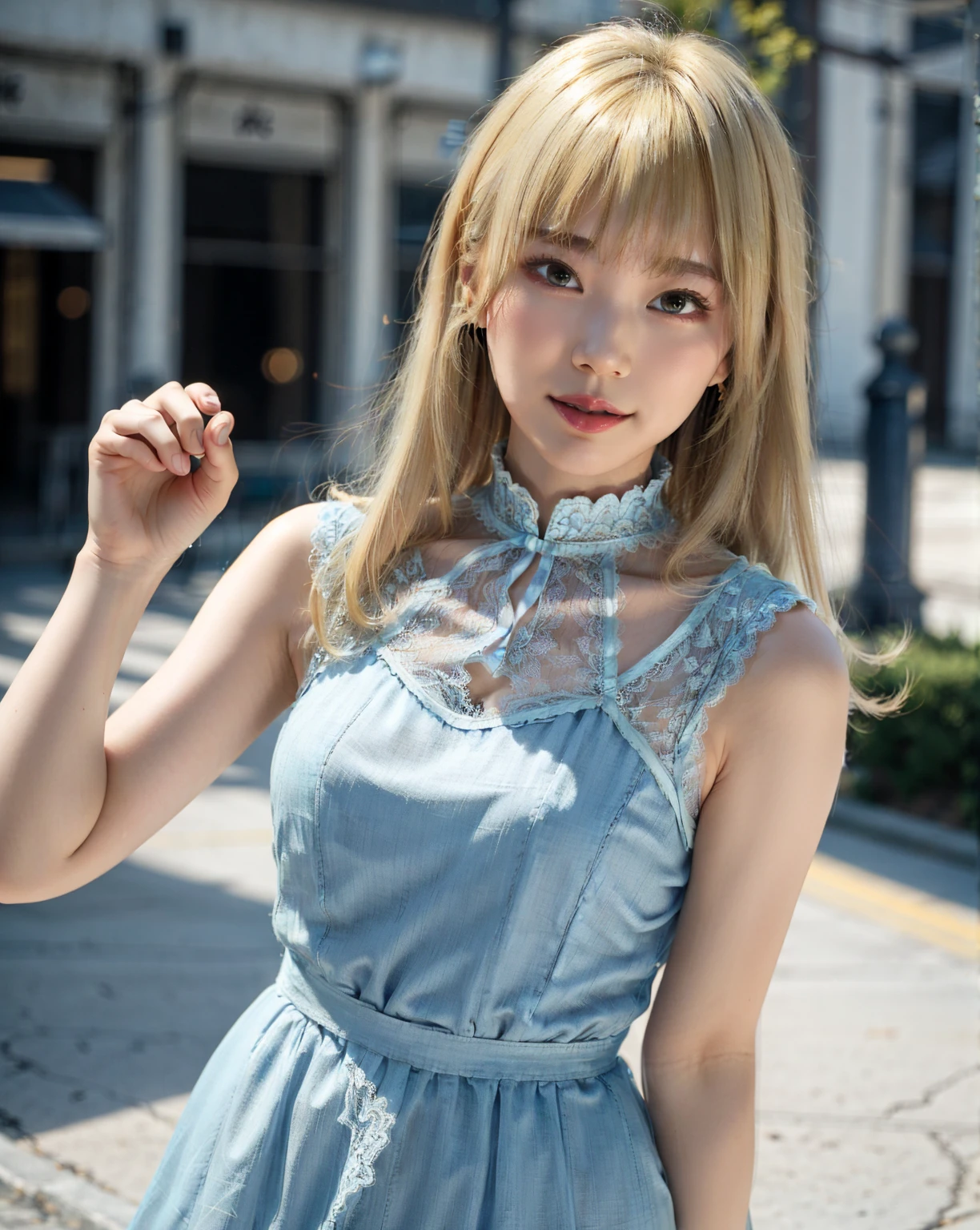 (ultra-detailliert), Cute princess dress in pink color,(frilly dress),(shortsleeves),Blue eyes,a closeup,Lovely smile,facing front, 20yr old, Girl in her 20s,no tail,(no tail),2D, masterpiece, top-quality, animesque, A detailed eye, A detailed face, girl with, Only 1 person,Silver-haired medium hair, (silber hair), Ear Hair, small tits, Single braid, (Single braid), (Side braid), Pink ribbon, Ribbon around the neck, (Light blue sleeves), Stand in the middle of the city,