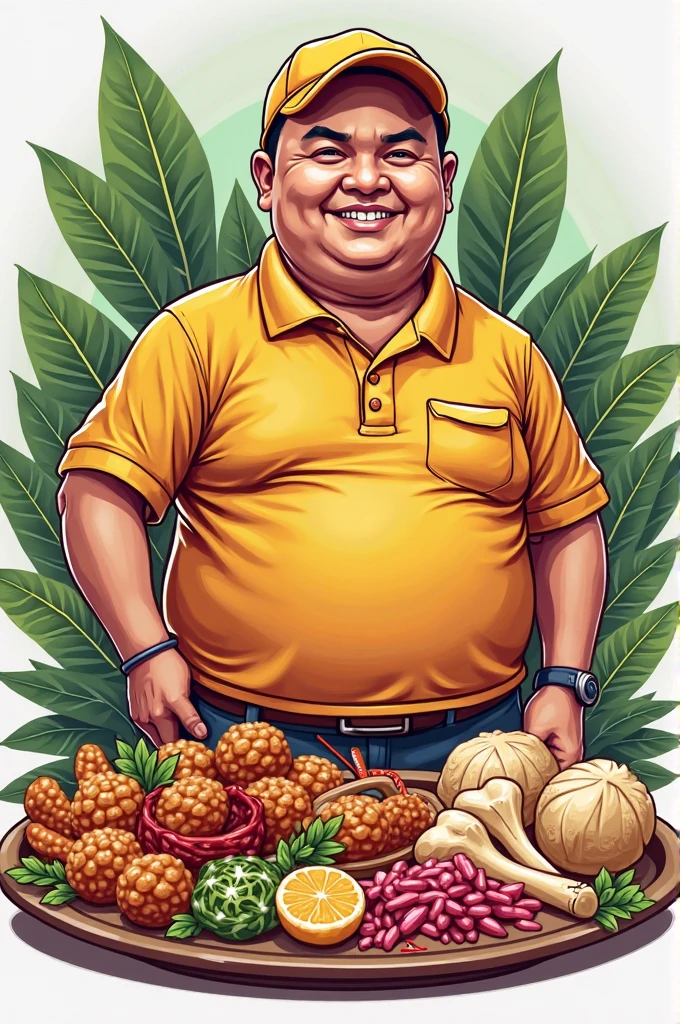 Cartoon character of a man and red shirt, an animated character, bald northeastern, with a banana tree in the ass, without hair