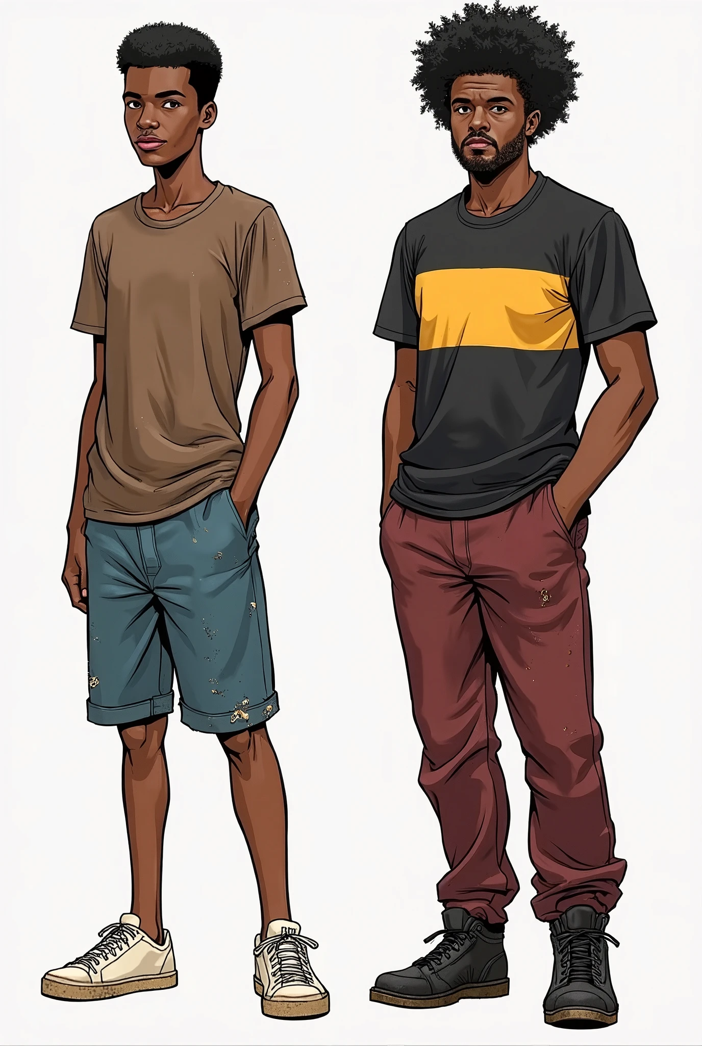 Three men standing, African, wearing only shorts, one is muscular, one is thin, and the third is very thin and weak. No background, detailed illustration, Disney style. Flat colours. Black stroke drawing lines.