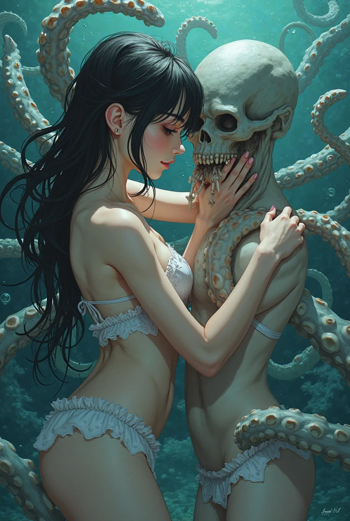 (extremadamente detallado, obra maestra, La mejor calidad), Estilo oscuro, intense illumination, rostro bello, ciborg, torso desnudo, cables enchufados por el cuerpo, lengua larga, tentacle, deforme, monstruoso, interior de una piscina de agua verdosa, imagen submarina, alien con Colmillos finos, pico de pulpo amenazante. manchas de tinta. Rococo composition. Luz de caravaggio