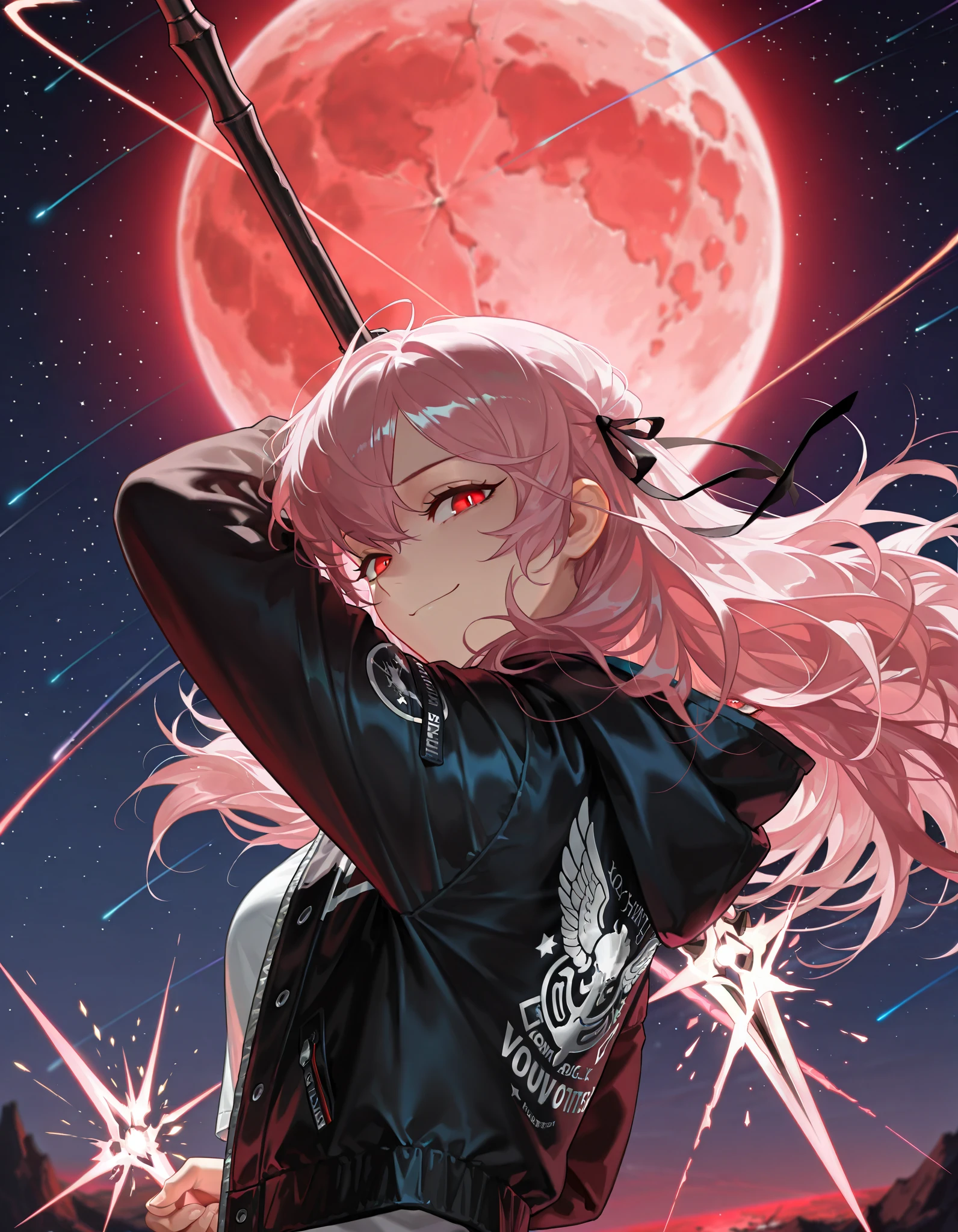 by [arknights|(748cmstyle:0.5)], mature, young adult, masterpiece, best quality, amazing quality, very aesthetic, high resolution, ultra-detailed, absurdres,
1girl, woman, solo, alone,(looking at viewer, dynamic pose, upper body focus, side shot, medium shot:1.2), pink hair, fluffy hair, red eyes, open jacket, modern clothes, streetwear, astral power, stars, comets, shooting stars, smug eyes, smirk, long hair, hood, red moon, hair ribbon, royalty, princess, teasing, cosmic background, astral, starlight spear, starlight weaponry, glowing weapons, star explosion, wielding a spear, cracked moon, broken shattered moon, veiled hints of insanity and yandere, happy, warrioress, global spears, atmospheric weapons,
BREAK, depth of field, volumetric lighting
 