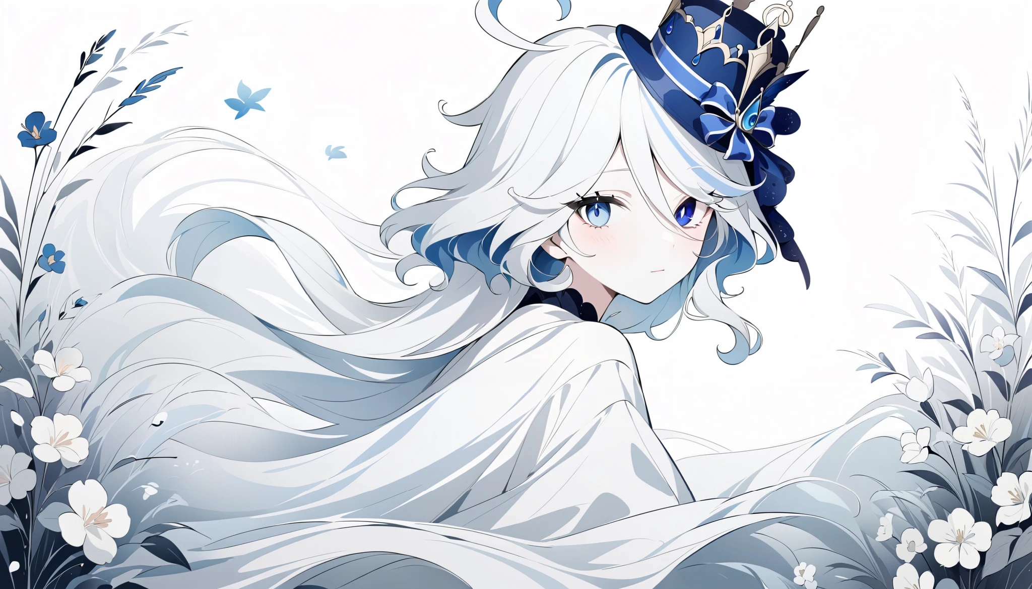 (Anime line drawing:1.5), (black and white painting:1.45), Minimalism, (line art:1.6), sketch, charcoal drawing, simple composition, clean lines, elegant design. Furina from Genshin Impact, wearing a graceful mask, holding or surrounded by delicate flowers. Soft flowing hair in simple strokes, expressive eyes, calm and serene expression. Negative space emphasis, thin and precise lines, monochrome palette. Artistic and minimalist, gallery style, white background.
