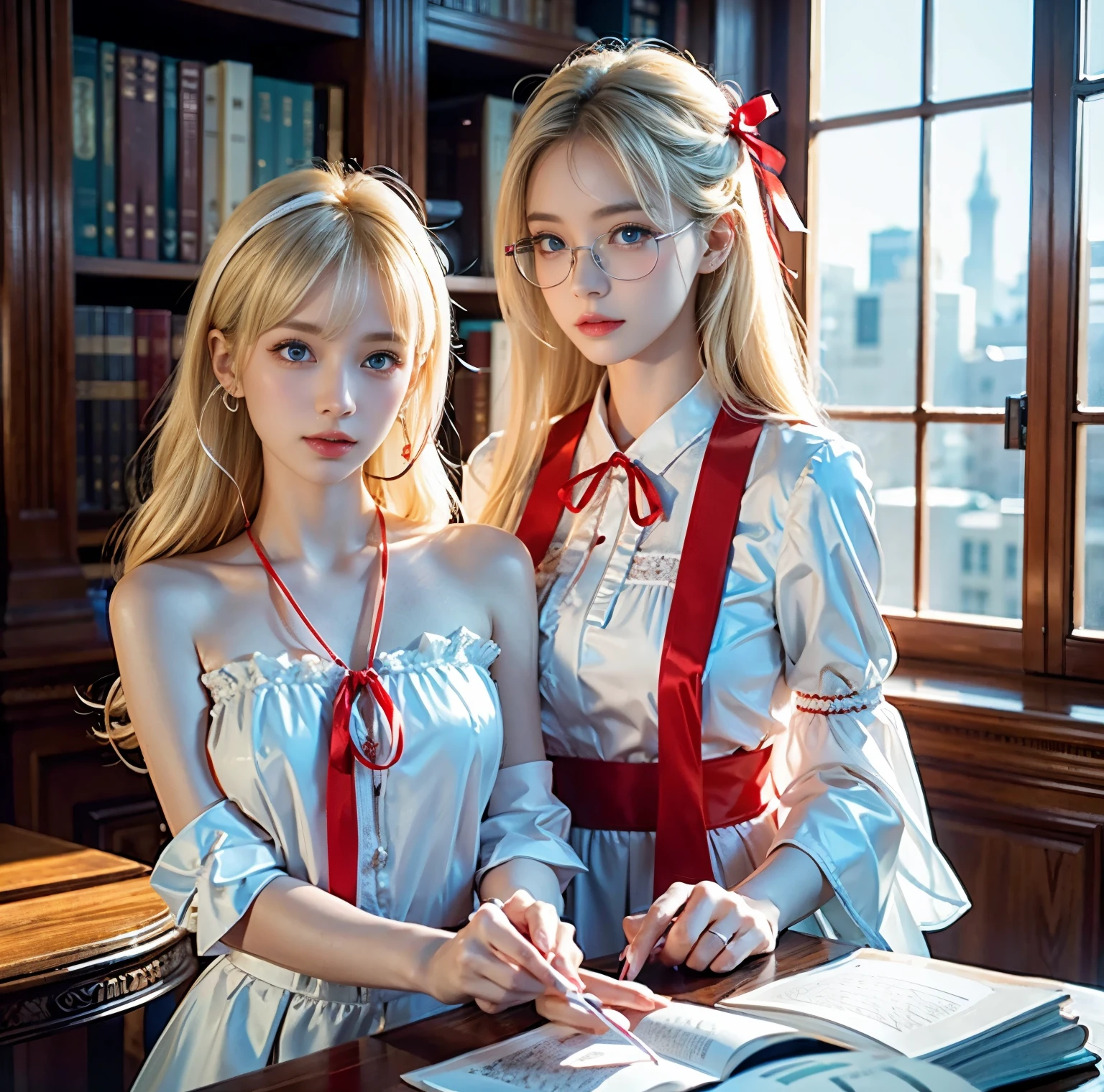 8K quality, pictures, Two beautiful men and beautiful women, Beautiful like a goddess, people are hazy at the Great Library, above chest shot at the ruins, (White blouse with red thin string ribbon tie:1.2), (Fine silver glasses), (Sparkling, beautiful light blue eyes and blond hair:1.2), Hair flying in the wind, Whitening skin like white porcelain, Half Up with Bangs, On the roof, extremely beautiful eyes, real, Photograph,