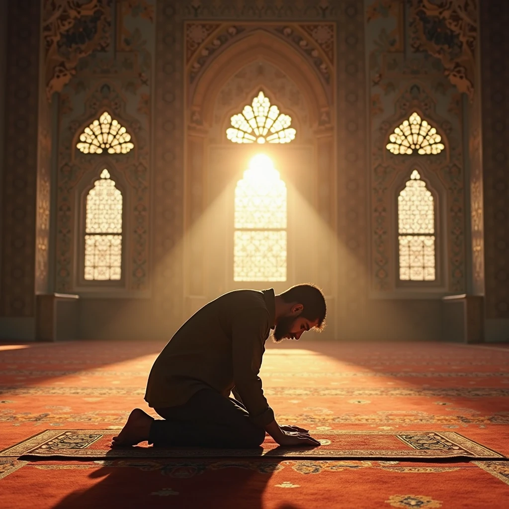 Here’s the prompt for this scene:
"A detailed scene set in ancient times, showing the young man alone in a quiet, dimly lit mosque. He is kneeling on a prayer mat, hands raised in supplication, deeply immersed in prayer. The mosque is simple yet serene, with tall arches, intricate patterns on the walls, and soft light filtering through small windows. The atmosphere is filled with a sense of peace and devotion as the young man earnestly prays to Allah, seeking guidance and solace in the sacred space."