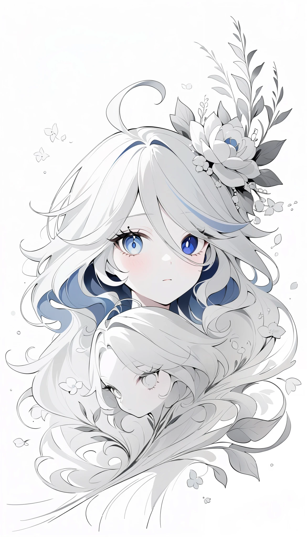 (Anime line drawing:1.5), (black and white painting:1.45), Minimalism, (line art:1.6), sketch, charcoal drawing, simple composition, clean lines, elegant design. Furina from Genshin Impact, wearing a graceful mask, holding or surrounded by delicate flowers. Soft flowing hair in simple strokes, expressive eyes, calm and serene expression. Negative space emphasis, thin and precise lines, monochrome palette. Artistic and minimalist, gallery style, white background.