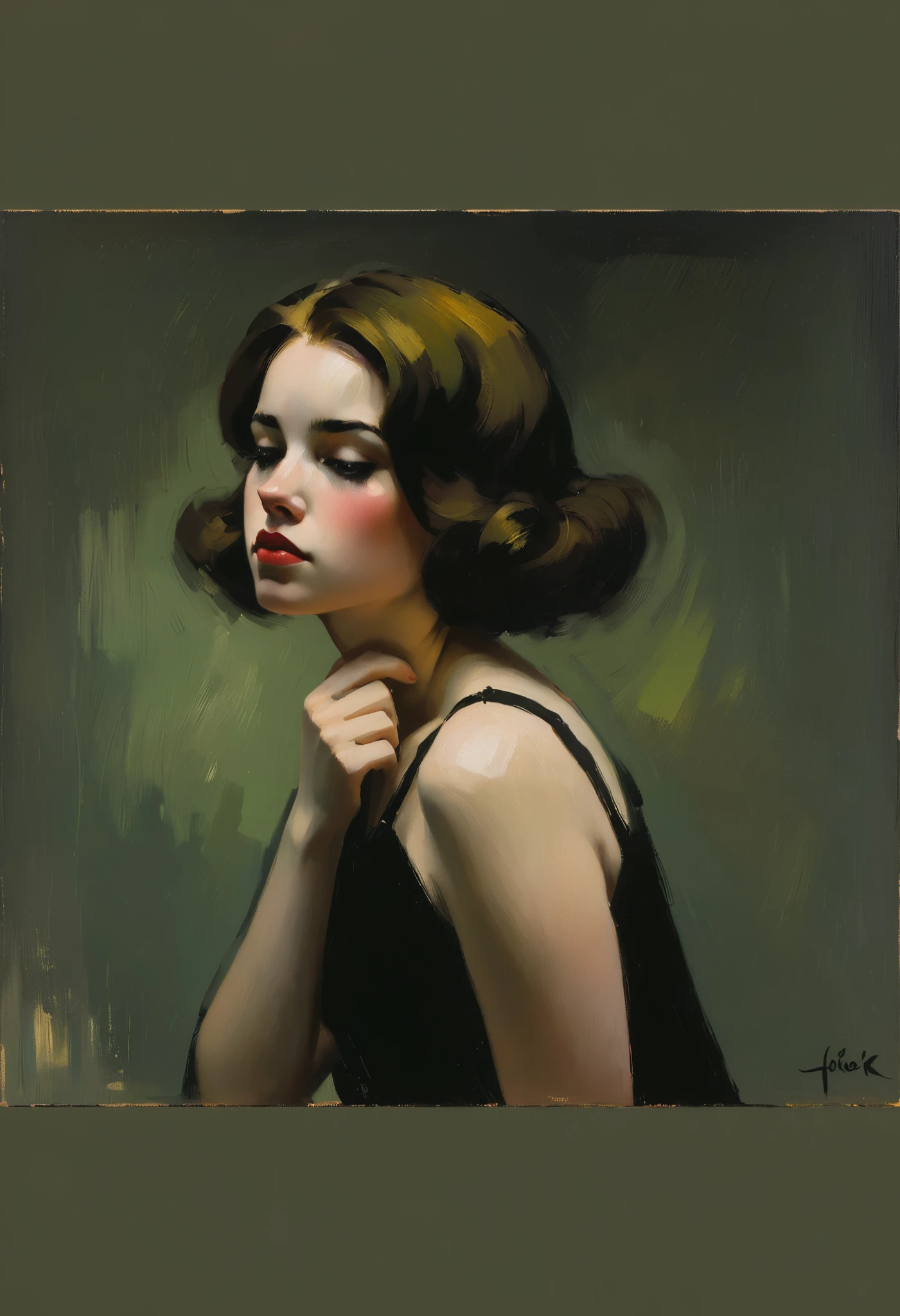 Create an evocative oil painting inspired by Malcolm Liepke, based on the provided image. Capture the intense, introspective expression of the young subject using thick, expressive brushstrokes and a muted color palette. Highlight the emotional depth and vulnerability in the subject's gaze, emphasizing the play of light and shadow on their face. Maintain a simple, textured background that complements the subject's contemplative presence. Focus on the tactile quality of the oil paint to convey the raw emotion and intimacy characteristic of Liepke's style.