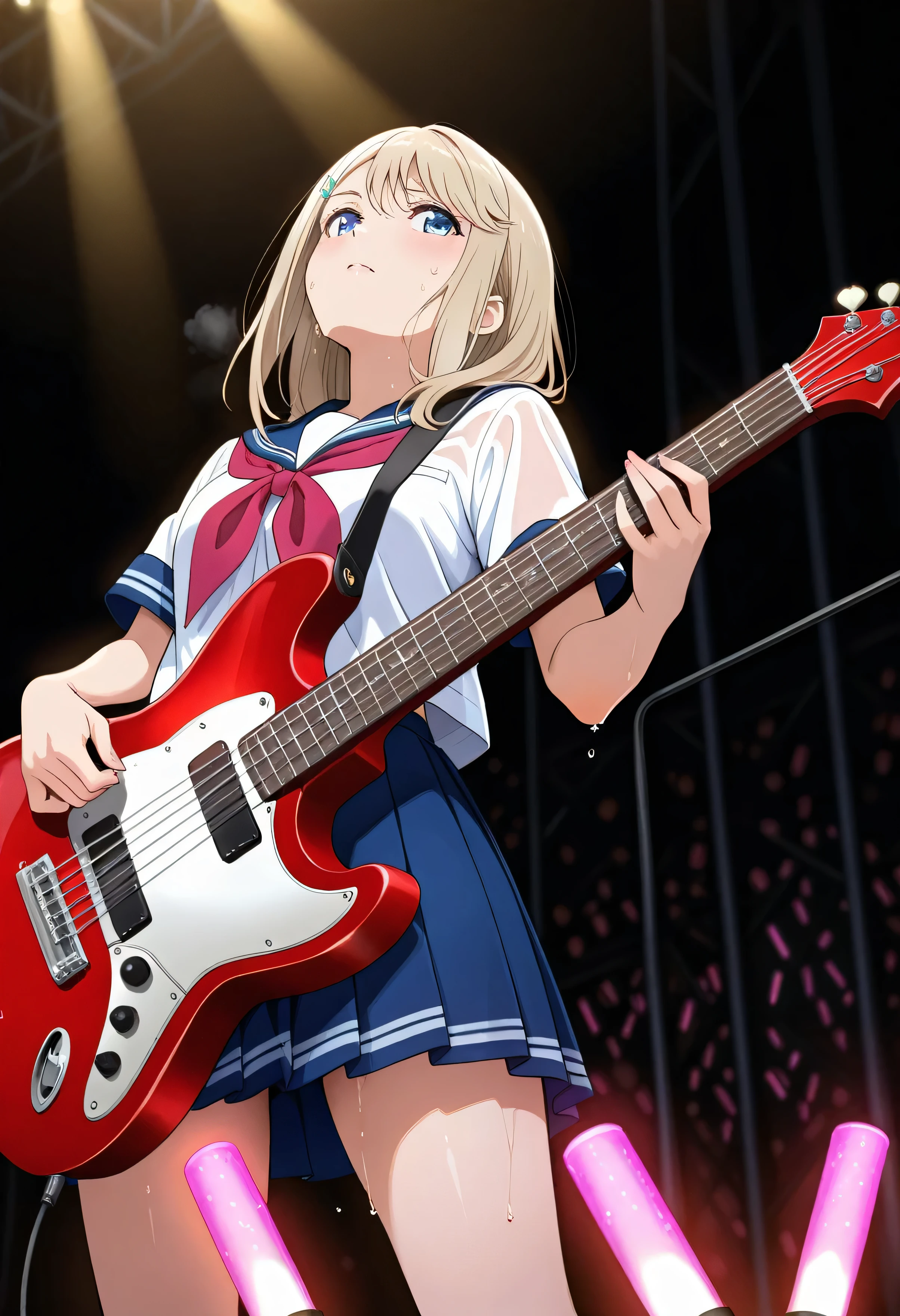 (beautiful girl:1.3),(leaning back:2.0),masterpiece,Please redeem,Ultra-high resolution,rich contrast,Very high quality,8k,Highly detailed CG unit wallpaper,Texture,So ridiculous,RAW Photos,anime-style illustration,studio anime style,professional photograph,an extremely delicate and beautiful,Depth of written boundary 1.2,Live Performance Venues,Super large stage,rocker,(overhead shot:1.5) ,(red glow stick:1.3),engraved,Her girlfriend from the girls' rock band,Ayase Alisa, 1girl , blue eyes, blonde hair, very short hair,hairclip, serafuku, white shirt, short sleeves, red neckerchief, pleated skirt, blue skirt,(she's playing the guitar),(Neon pink glowing guitar),(((sweat))),wet,