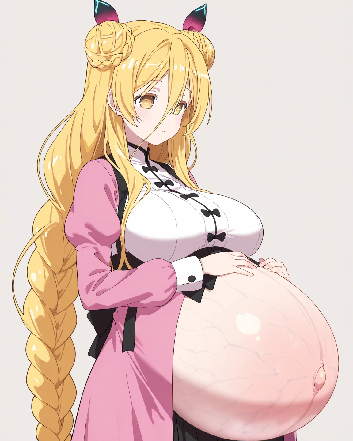 Bishojo anime style,pregnant high school girl,white huge maternity ,blonde curled fringe with bun hair,
scrunchie,Semicircular eyes,laugh,happy,love, aura of love, agape,