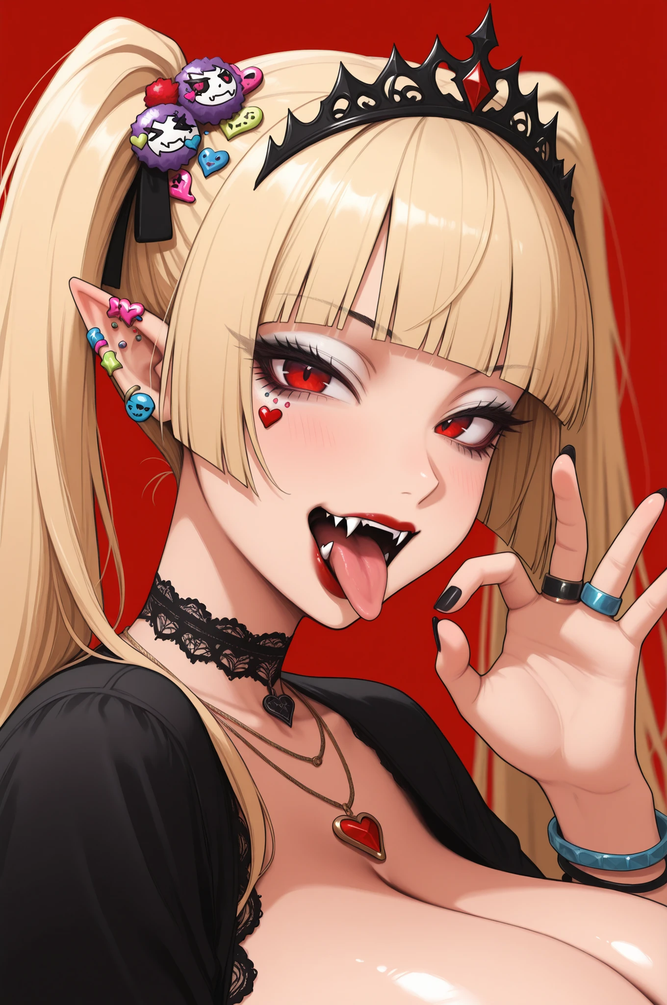 masterpiece,best quality,amazing quality,very aesthetic,absurdres,newest,highly detailed,highres, close-up portrait, beautiful,round cheeks,(gyaru:1.3), 1girl,(blonde twintails, straight_cut_bangs,hime_cut),long hair,red eyes,white eyeshadow, black eyeliner, Shiny skin,red lipstick,gothic dress, simple background,red background,fellatio gesture,one hand,depth of field,flirty,looking at viewer,from the side, ((decora, accessories)), clean lines,smooth lines,sharp,gigantic breasts, (necklaces, bracelets, rings), gothic lace choker, black nail polish, tiara, (pointed ears,vampire,fangs)