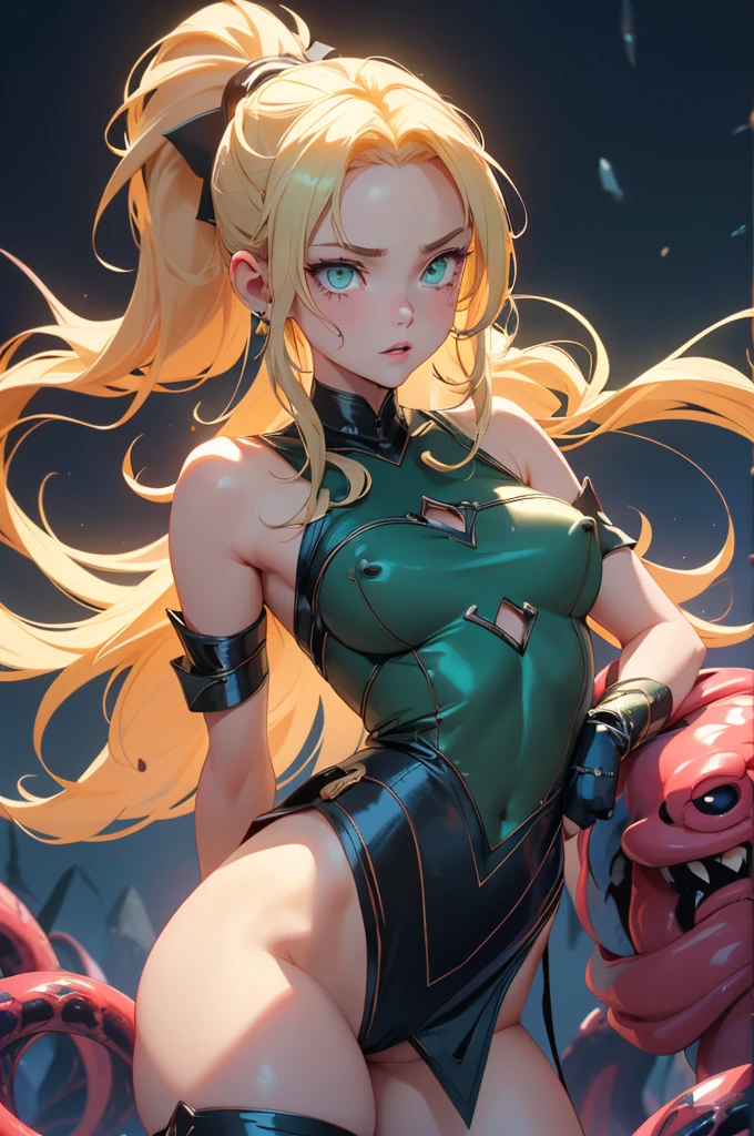 nsfw:1.1, high resolution:1.7, incredibly absurdres, kawaii:1, cute:1.5, hires.fix, anime visual:1, incredibly fine illustration,8k,masterpiece:1.2,best quality, high quality, exquisite, beautiful, insanely detailed, intricate detailed, extremely detailed, Super Definition, ultra high res, Super Resolution, best aesthetic, ultra detailed:1.5, best quality, perfect face, detailed face, illustration:1.2, 8k cg wallpaper, stunning art,absurdres,octane render,ultra hires,valkyrie,Blonde hair,Radiant hair,(1 girl),Beautiful Girl,Beautiful mature face,pantyshot, ((Detailed cameltoe)),White side tie panties,Garter Belt,Bare shoulders,Seductive young woman,female focus,Beautiful breasts,Full body,(Perfect body),Standing,(Dark purple cyber suit and crimson microskirt),((Check out our thru-rack chokers and midi rings with chains。,(blonde single braid),
(((green_eyes:1.3))),intricate eyes,beautiful detailed eyes,symmetrical eyes,big eyes:1.5,enchanting bright eyes studded with gold and silver dust,(((pinky skin,glowing_skin,lustrous skin:1.5,bright skin: 1.5,skin tanned,shiny skin,very shiny skin,shiny body,plastic glitter skin,exaggerated shiny skin,illuminated skin))),upward breasts,(detailed body,(detailed face)),cute,daring,zettai ryouiki,show skin,best relationship with four fingers and one thumb,((girl trembling with sexual climax)),Cute,Cool,Faint lips,A seductive and confident smile,Open mouth,(hair, Realistic:1),to stand,Holding_arma,silver halberd,Open legs,Blushing face,Fantasy,Sweat,steam,(In a cave with tentacles)