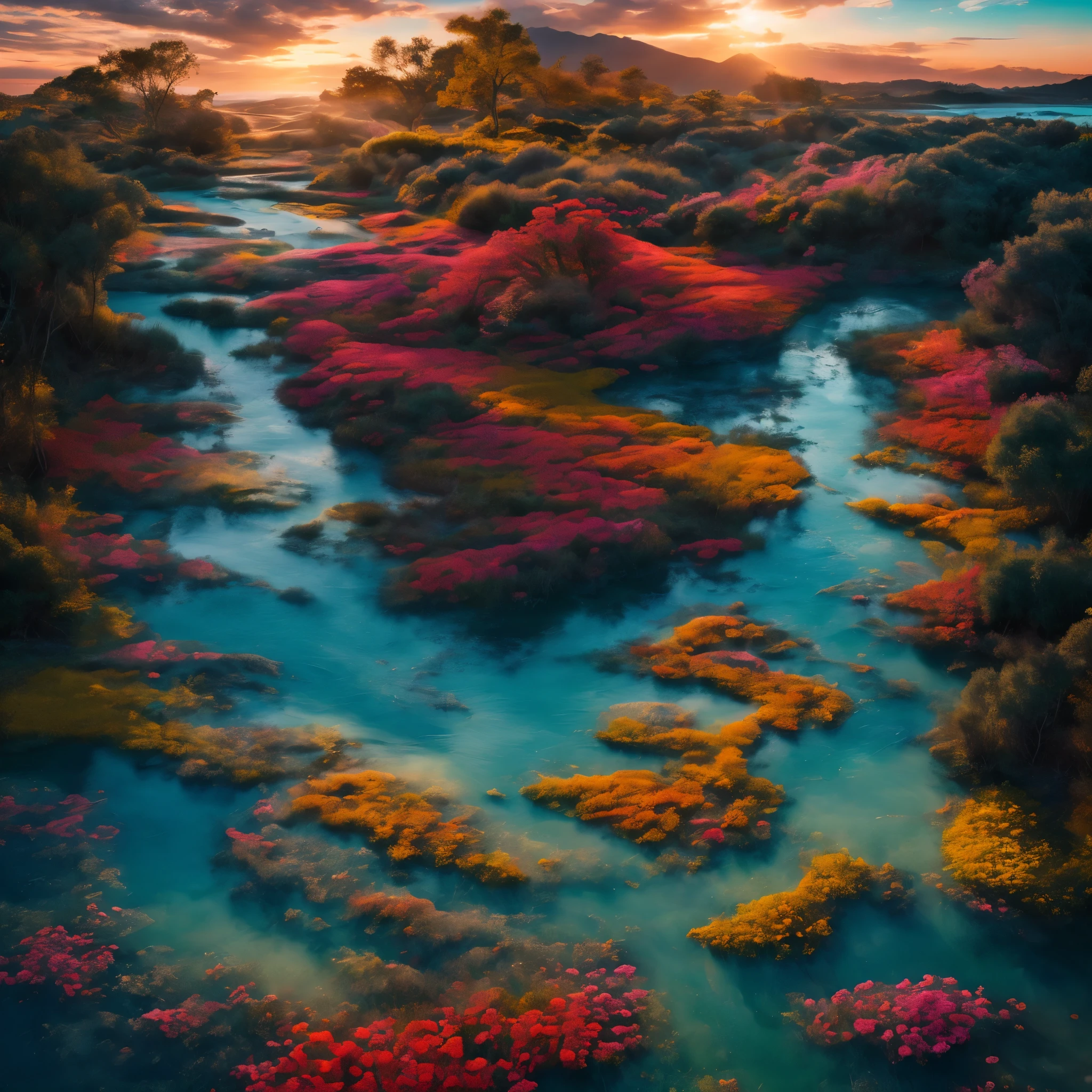 abstract art, expressive, oil painting, landscape, blue, yellow, red, white, pink, cyan, green, gleaming diamond with golden accents, radiating light, amidst brilliance, symetrical hyperdetailed texture, pearl filigree, perfect composition, ethereal, sky, flower, water
