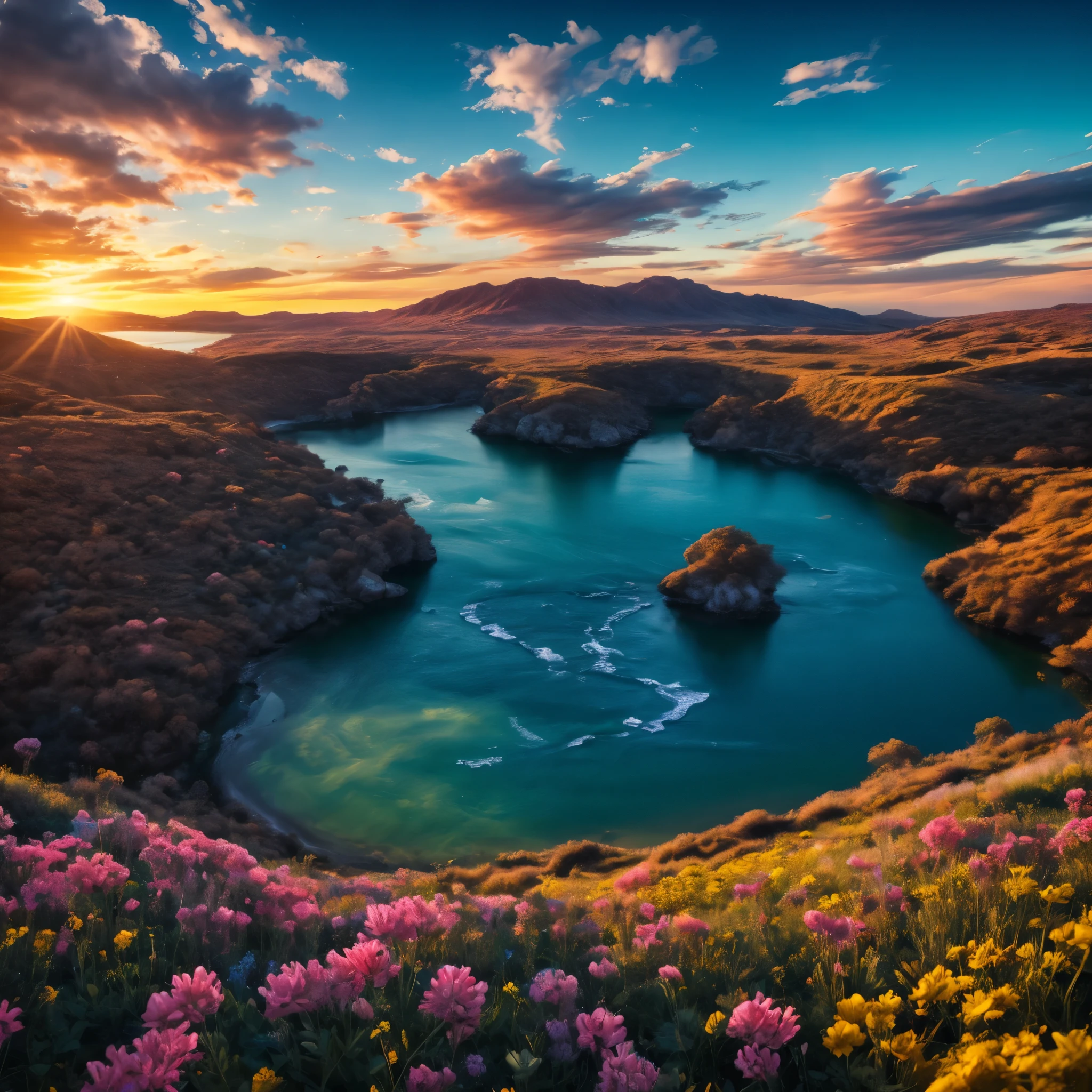 abstract art, expressive, oil painting, landscape, blue, yellow, red, white, pink, cyan, green, gleaming diamond with golden accents, radiating light, amidst brilliance, symetrical hyperdetailed texture, pearl filigree, perfect composition, ethereal, sky, flower, water