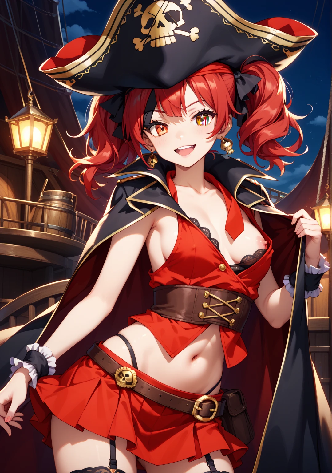 solo, (milf, mature face features:1.33), olga discordia, <lora:olga-lora-v1.1-128dim-10ep-naivae-5gamma:0.5>, (dark elf:1.1), (dark skin, dark-skinned female:1.3), long pointed ears, hair ornament, [violet|black] hair, ahoge, very long hair, (hair over one eye:1.33), yellow eyes, (smiling, flirting:1.2), (large breasts:1.3), choker, (red witch:1.1), (short  dress:1.2), (witch red hat:1.1), upper body, magic, tricks, (masterpiece, best quality:1.25), <lora:sxz-niji-v2:0.25>, nijistyle, outdoors, night, dark, lamp light, at the night streets, fantasy style, intricate details, (posing:1.15)
