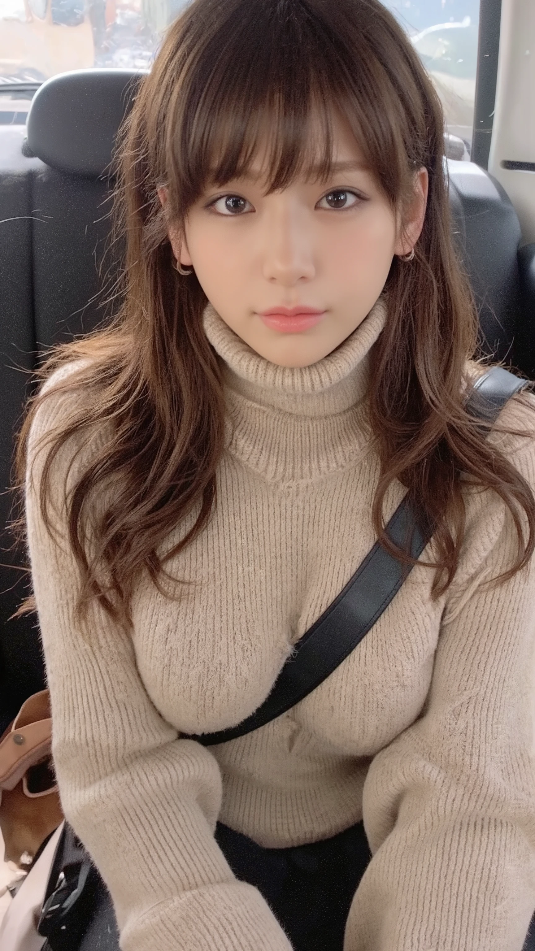 A realistic, photograph-like image of a long-haired Japanese woman sitting in the black passenger seat of a moving car at night. She is wearing a beige turtleneck knit sweater and a tight black mini skirt. The car's black seatbelt runs between her chest, naturally emphasizing her curves. The image is captured from a front-facing perspective, with a detailed and realistic lighting effect that enhances the nighttime atmosphere