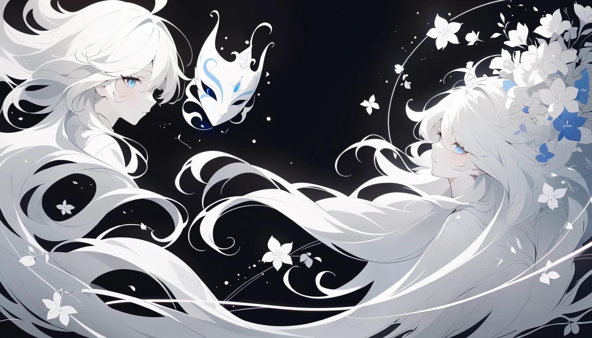 (Anime line drawing:1.5), (inverted colors:1.4), (negative space:1.6), (minimalist design), dark background, bright white lines, (glowing line art:1.5), sketch, charcoal drawing, monochrome, simple composition. Furina from Genshin Impact, graceful mask, surrounded by delicate glowing flowers. Flowing hair, serene expression, soft light lines like neon ink. High contrast, inverted style, artistic, elegant, gallery poster vibe, negative film aesthetic.