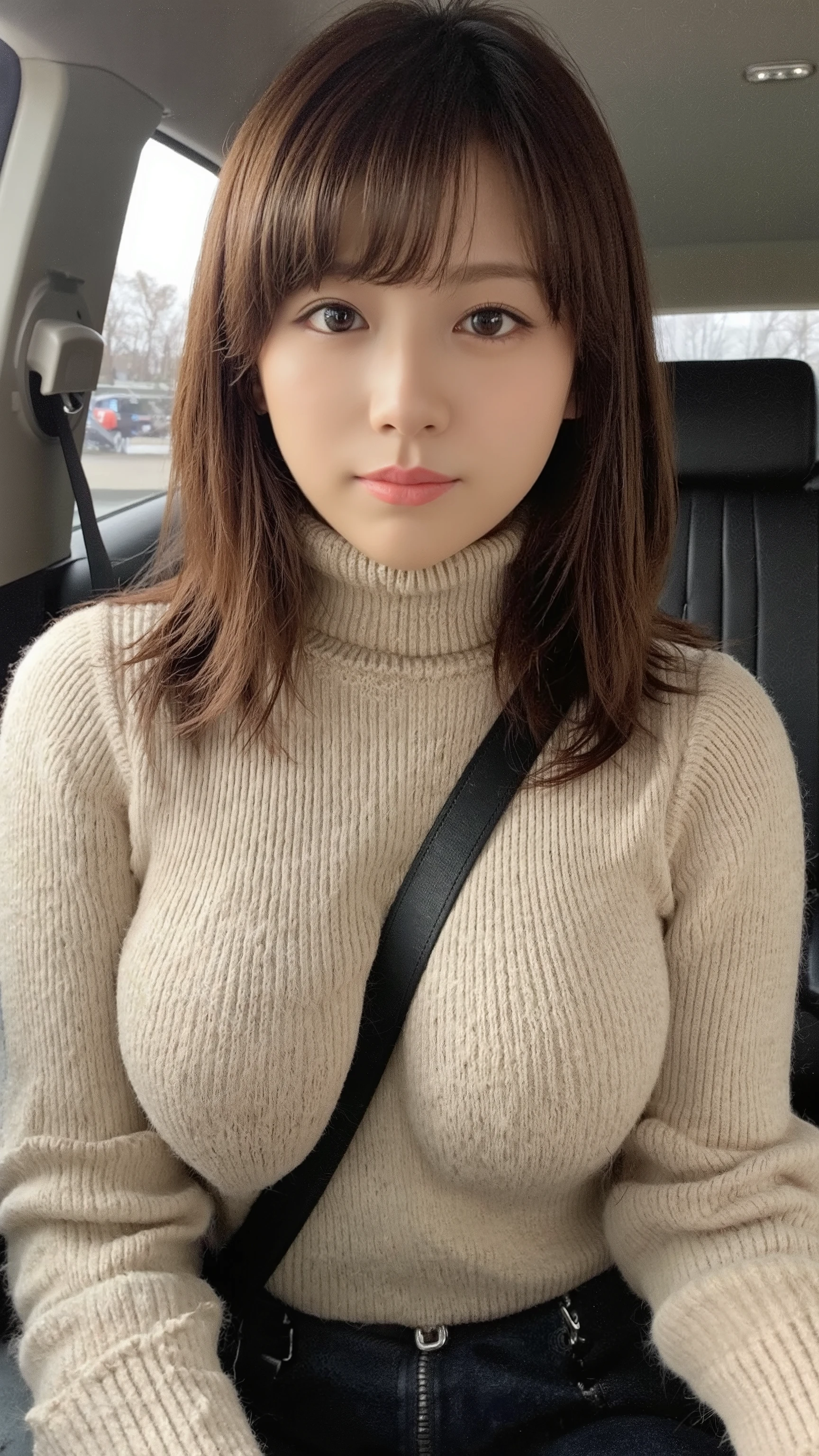 A realistic, photograph-like image of a long-haired Japanese woman sitting in the black passenger seat of a moving car at night. She is wearing a beige turtleneck knit sweater and a tight black mini skirt. The car's black seatbelt runs between her chest, naturally emphasizing her curves. The image is captured from a front-facing perspective, with a detailed and realistic lighting effect that enhances the nighttime atmosphere