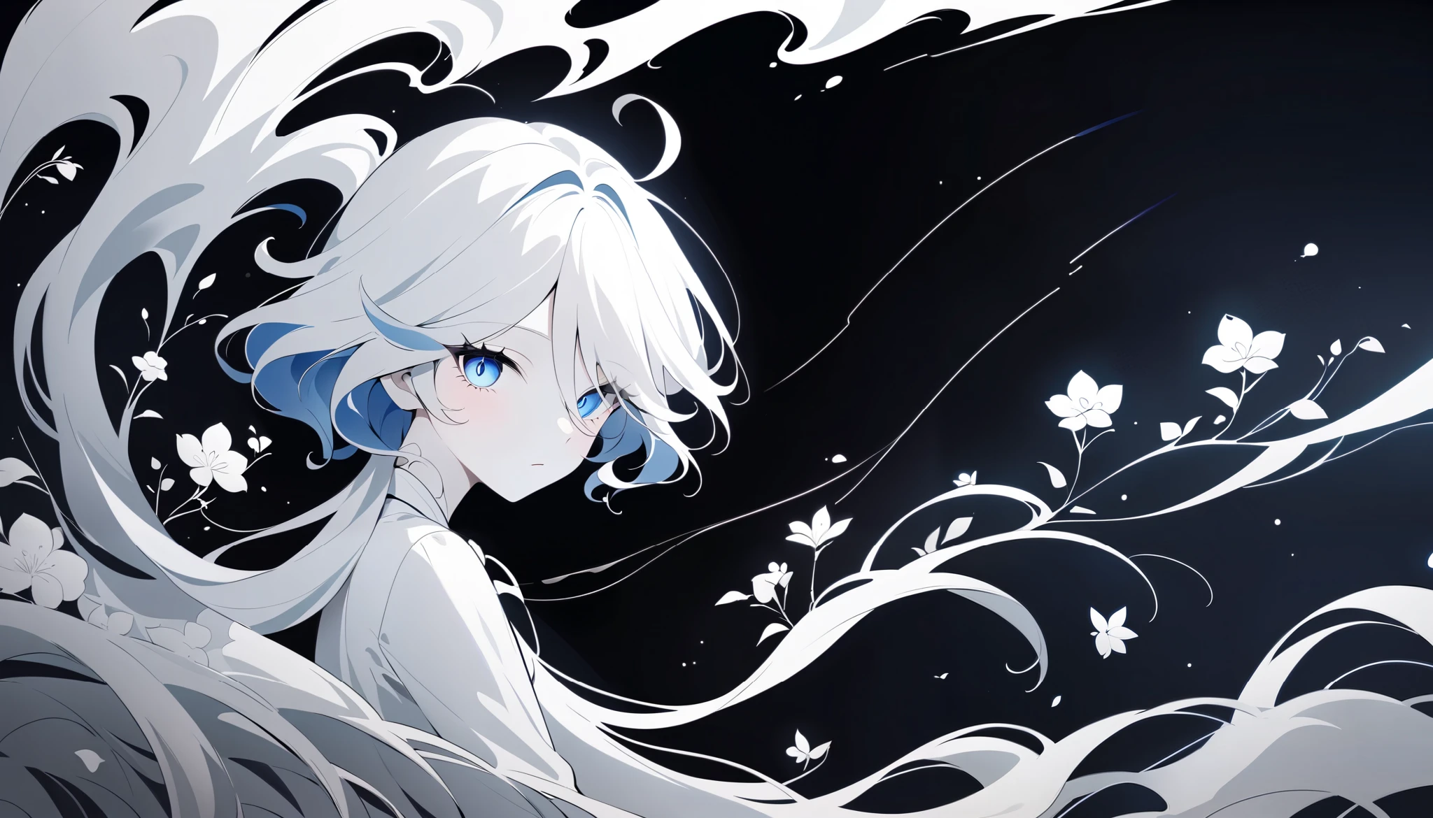 (Anime line drawing:1.5), (inverted colors:1.4), (negative space:1.6), (minimalist design), dark background, bright white lines, (glowing line art:1.5), sketch, charcoal drawing, monochrome, simple composition. Furina from Genshin Impact, graceful mask, surrounded by delicate glowing flowers. Flowing hair, serene expression, soft light lines like neon ink. High contrast, inverted style, artistic, elegant, gallery poster vibe, negative film aesthetic.