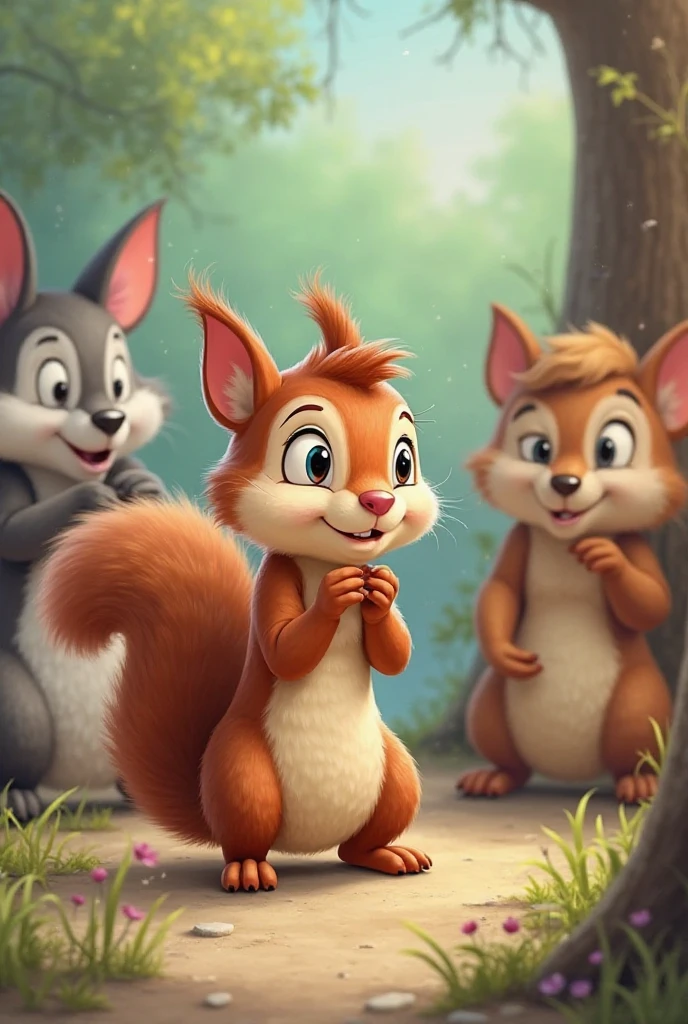 Need 3D animation style"Teamwork Triumph**: squirrel animal friends initially doubt his treehouse, but their combined efforts transform it. How does the story highlight the value of working together?