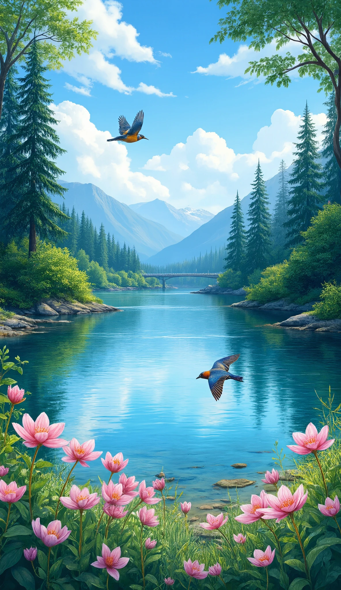 High quality images、 high quality illustrations,(Extremely Comprehensive CG Unity 8k Wallpaper),Spectacular River Images in Victoria, Canada , bird , Clear Water and Blue Skies ,Nature's Healing Spaces, Color Difference, high image quality, pink blossoms blooming, Monet's style has attractive、details that are popular on ArtStation and(colorful flower field)、harsh situations that are trending、