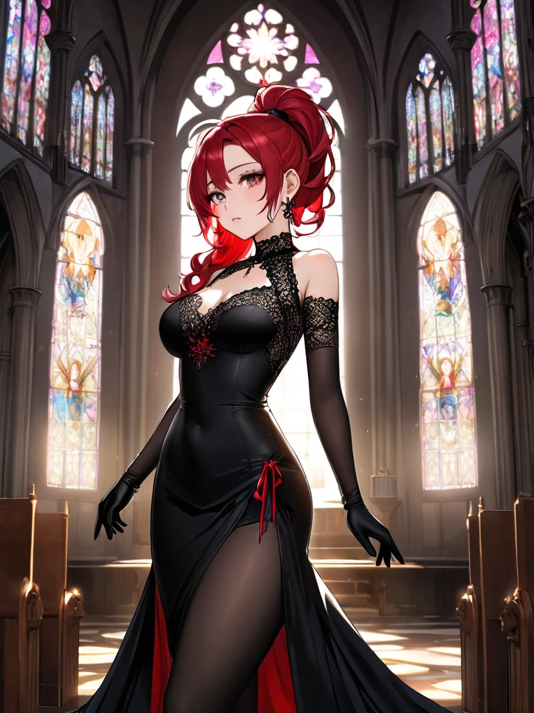 Highest quality、devil、Long Red Hair、Black Dress、Big Breasts、Lots of lace、Fluttering Skirt、red heels、Long skirt、The eyes are large、Lipstick is red、from the front、Draw the face clearly、Your hands are clean