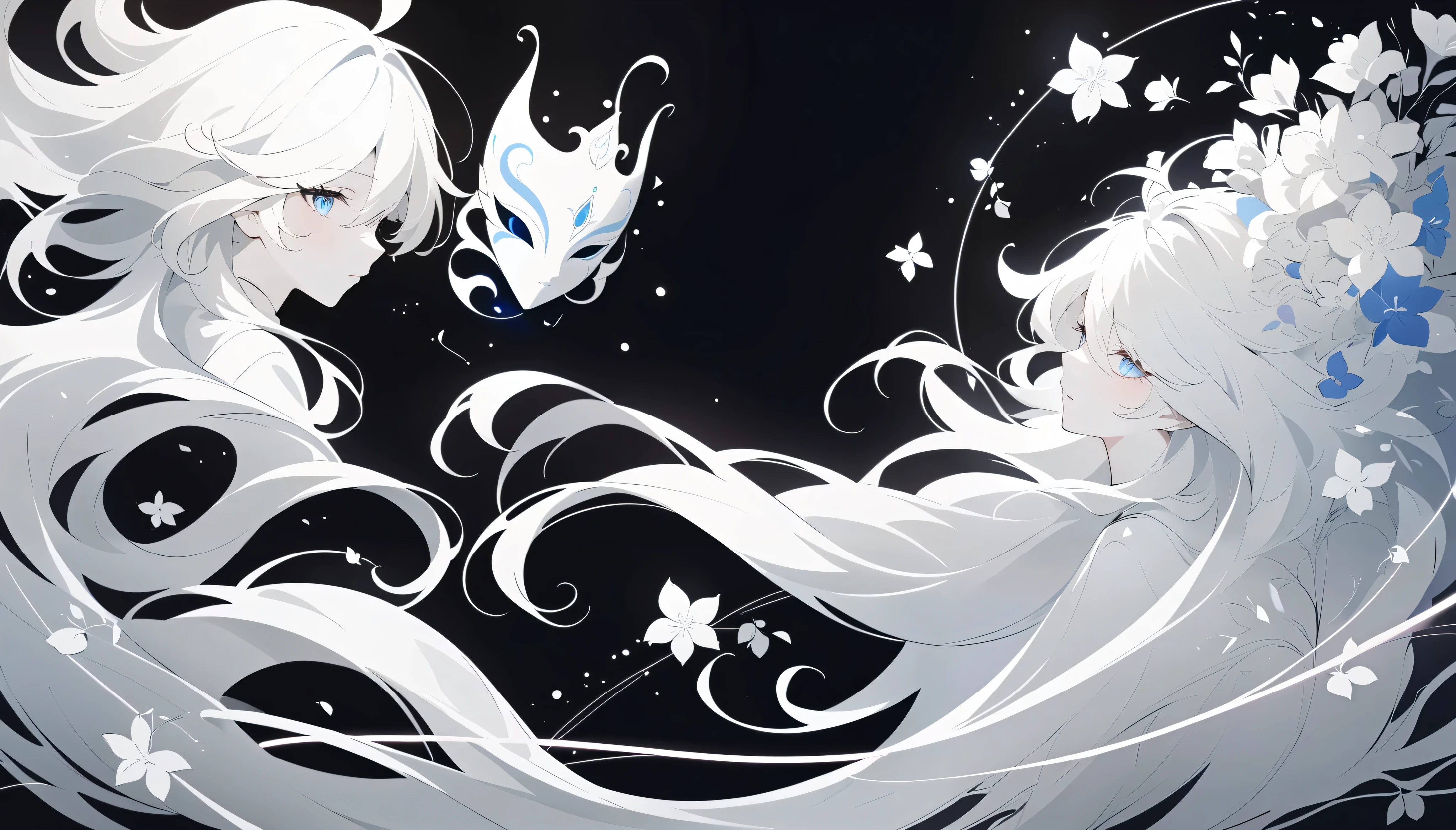 (Anime line drawing:1.5), (inverted colors:1.4), (negative space:1.6), (minimalist design), dark background, bright white lines, (glowing line art:1.5), sketch, charcoal drawing, monochrome, simple composition. Furina from Genshin Impact, graceful mask, surrounded by delicate glowing flowers. Flowing hair, serene expression, soft light lines like neon ink. High contrast, inverted style, artistic, elegant, gallery poster vibe, negative film aesthetic.
