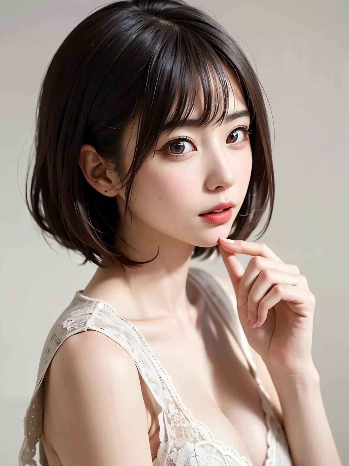 masterpiece, 1 beautiful girl, Fine grain, Swollen eyes, highest quality, Ultra High resolution, (reality: 1.4), Original photo, One girl, Cinema Lighting, Japanese, Asian Beauty, Korean, so beautiful, Beautiful Skin, thin, Body facing forward, (Ultra-realistic), (High resolution), (8k yen), (Very detailed), (Best illustrations), (Beautiful and detailed eyes), (Very detailed), Detailed face, View your viewers, Look straight ahead, Dress neatly, No sleeve, short hair, Black Hair, 46 point diagonal bangs, White Background, Clean room,