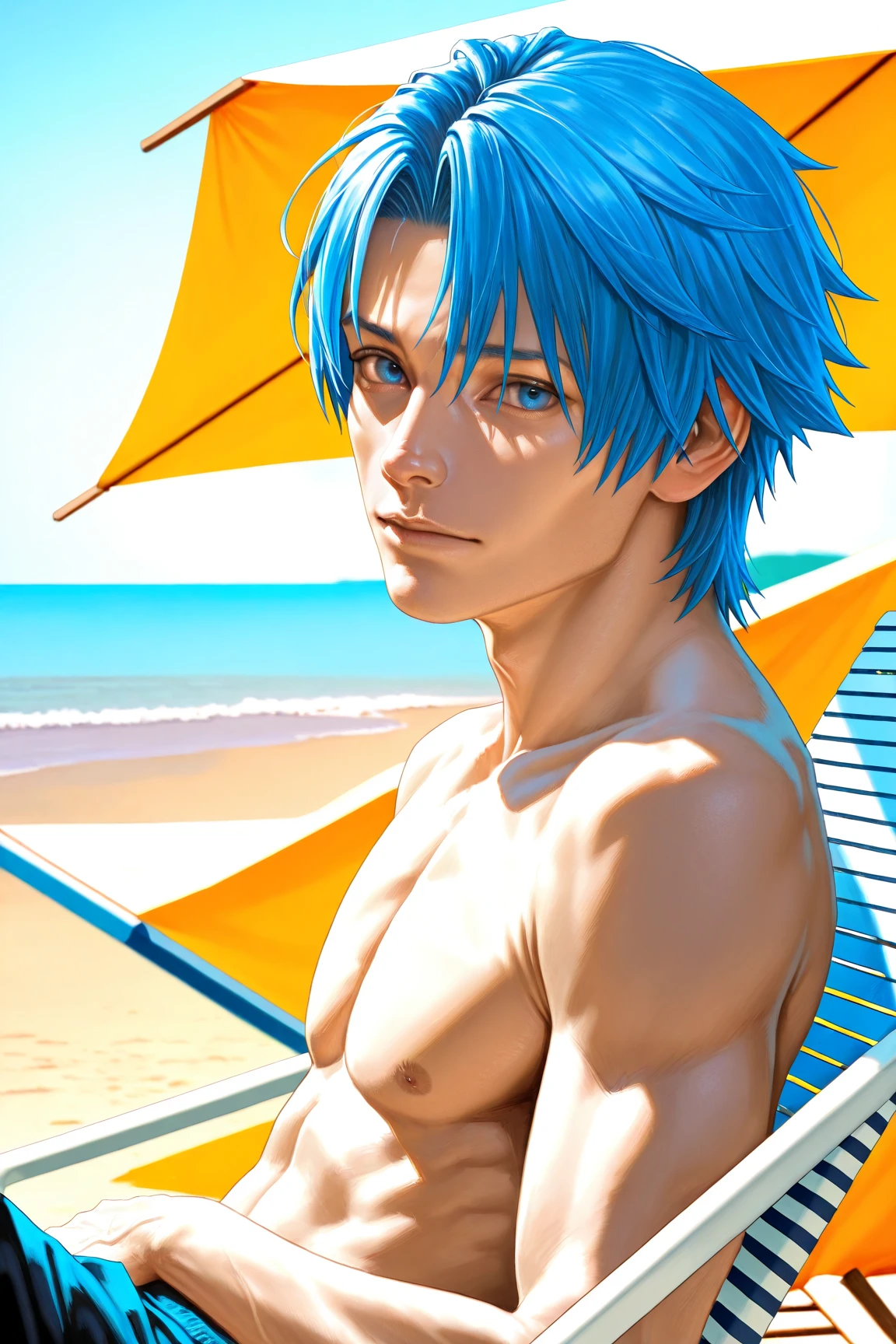 masterpiece, best quality, highres, extremely detailed 8k wallpaper, very clear, <lora:MISC_ADD_DETAIL:1>, 1boy, solo, red shorts, topless, blue hair, short hair, spike hair, bright eyes, orange eyes, happy smile, power pose, cowboy shot, halfway emerged in water, clear water, high waves, beach, palms, sommer feeling, <lora:GoodHands-vanilla:1> <lora:MISC_NOISE_OFFSET:1>, turned to viewer, 3d, unity, realistic, normal body