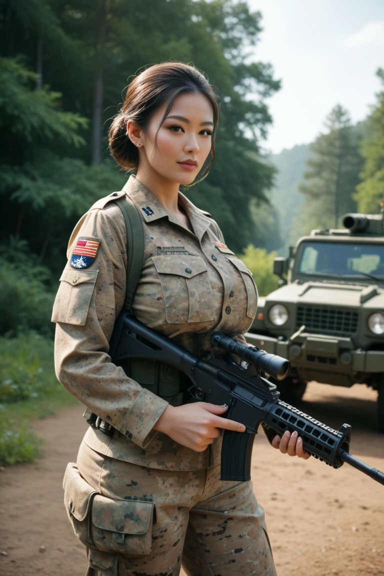 Highest quality, masterpiece, 16K, (raw photography, photorealistic, ultra-detailed, ultra-high resolution:1.3), cinematic lighting, professional photo, (correct anatomy, perfect body, correct body proportion:1.5), sharp ficus, depth of field, ((post-apocalyptic world, 2050s:1.2)), (intricately detailed face, ultra-realistic skin texture:1.1), (from front:1.4), 1 girl, Japanese woman, solo, (cowboy shot:1.1), looking at viewer, ((brutal warlord:1.4)), black hair, very short hair, glossy hair, ultra-detailed eyes, (dark and bright eyes:1.1), highly detailed nose and lips, beautiful nose, glossy lips, (expressive face:1.4), ((evil smile:1.2)), ((camouflaged uniform, long sleeves, pants:1.5)), (slender, beautiful breast:1.3), (perfect body proportion:1.5), ((holding 1 pistol in right hand:1.4)), standing, outdoor, countryside, (((tanks are in background, accompanied with her own soldiers:1.1)))