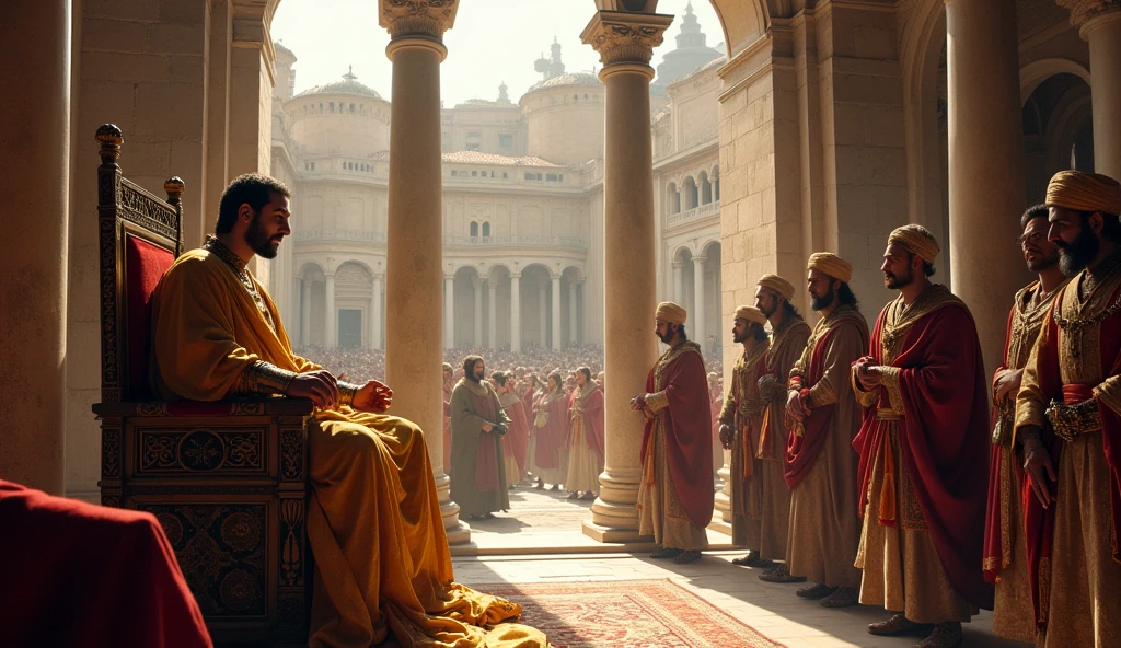 Para criar uma imagem com Solomon sentado em seu trono, surrounded by 700 women, here are the adjusted elements:
1. **Scenario**:
- The Temple of Jerusalem remains in the background, majestic and ornate, with details in stones and gold. Lush gardens surround the temple, where several women are worshiping and interacting.
2. **main character**:
- **Solomon**: seated on a luxurious throne, wearing a cloak in shades of blue and gold, with a rich crown. He must have an expression of wisdom and tranquility, looking at the women around him.
3. **female characters**:
- **700 Women**: A large number of women from different cultures, all in long, colorful outfits, representando a diversidade. Elas devem estar sorrindo e contemplando Solomon, forming a vibrant crowd around the throne. Some may be in groups, while others are closer to the throne, creating a sense of depth and movement.
4. **enviroment**:
- A clear and radiant sky, with soft clouds, providing a serene atmosphere. The floor should be made of large, well-worked stones., decorated with vibrant flowers and plants that add life to the setting.
5. **Colors and Style**:
- Use warm and vibrant colors, like golden, blue, greens and reds, to convey a sense of wealth and splendor. Soft lighting should give a touch of vintage realism, highlighting the beauty of the scene.
These elements will help create a stunning image., mostrando a grandiosidade do reinado de Solomon e o número significativo de mulheres ao seu redor.