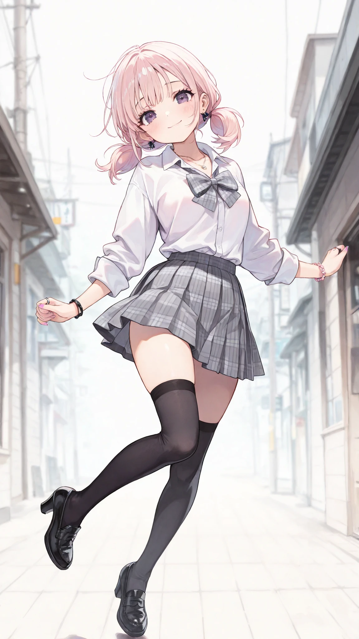 ((Lingerie Model)), zoom, masterpiece, highest quality, High resolution, Elizabeth, One girl, jewelry, Single knee socks, Silver Hair, Hair on one eye, abdomen, Black Skirt, Asymmetrical legwear, ((Pink Shirt)), No sleeve, Black knee socks, belt, Are standing