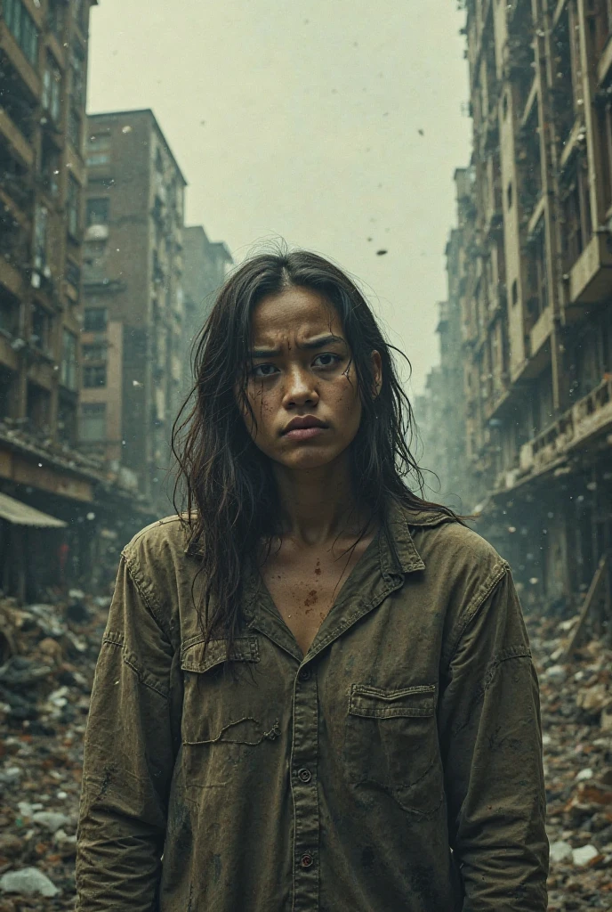 A breathtakingly beautiful girl, Radiant and charming eyes, Cold and intense, Long flowing hair, Sweaty body, Post-apocalyptic punk shirt, Short shorts, boot, Ultra photo realsisim, Realistic, best quality real texture skin, movie atmosphere, Tattered clothes, (Post-apocalyptic punk, Post-apocalyptic fiction), A post-apocalyptic world where buildings collapse, (blood stain), The art of Rei Kurahashi, Haunting and solemn, A beam of light shines through, Illuminate the gloomy environment, (Best quality, Masterpiece, Depth of field, Full-HD, 4K, Richness of detail), Portrait style,Upper body