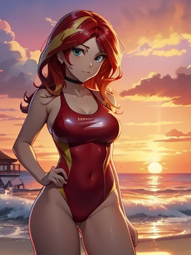 (masterpiece:1.2, best quality), 1lady, solo, upper body, huge breasts, (latex skin, selfie:1.15), (face focus:1.2), completely nude, breasts and vagina exposed,(darkskin:1.15), beach, (red hair, longhair), round earrings,