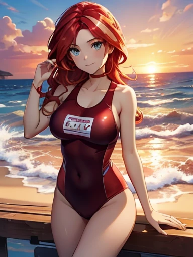 sunset shimmer as a lifeguard, red one-piece swimsuit, one-piece swimsuit pull, clothes pull, pulled by self, breasts, nipples, smooth skin, flowing golden hair, confident posture, beach setting, vibrant sunset colors, gentle ocean waves, lifeguard tower silhouette, resolute expression, intense gaze, bright sunlight, shimmering reflections on the water, tranquil atmosphere, lifeguard whistle, sand between toes, soft ocean breeze, sunscreen lotion, water droplets on the skin, energetic poses, active beachgoers playing in the background, cool sunglasses, sun-kissed complexion, wet hair, lifeguard rescue tube