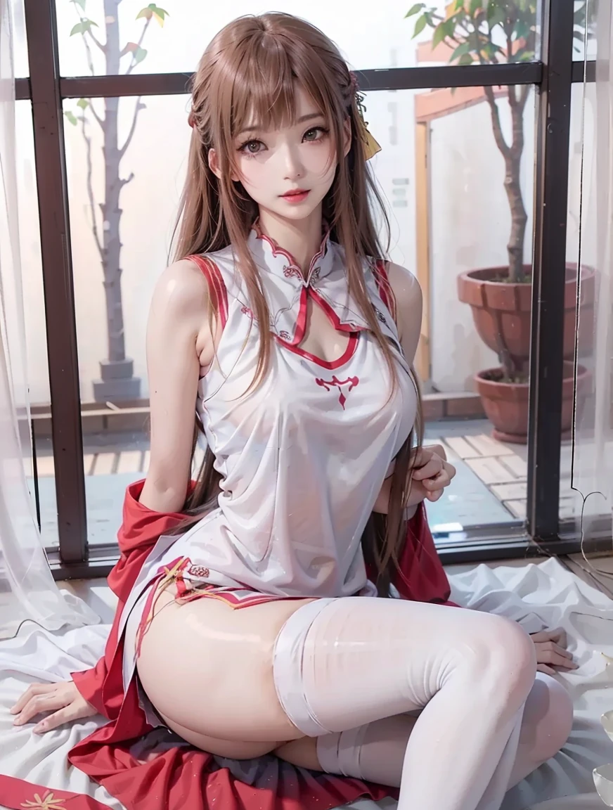 Korean woman in transparent fabric(((Deep V-neckline slip dress))),whaite hair,(:1.27),huge areolas,(((Areola Slip))),((puffy areolas)),((Side Chest),(collars))),Korean girls,beautiful Korean women,Gorgeous young Korean woman,Beautiful young Korean woman,Asian girl with long hair,Young and cute Korean face,Portrait of a Korean female idol,Full body Korean woman,messy hair style,ulzzang,ulzzang-6500-v1.1,pureerosface_v1,Popular Korean makeup, Popular Korean makeup,long whitr hair,(8k,RAW photos,best qualtiy,tmasterpiece:1.45),(nsfw:1.35)(Full body like)Half-squatted,Yoga movements with split legs