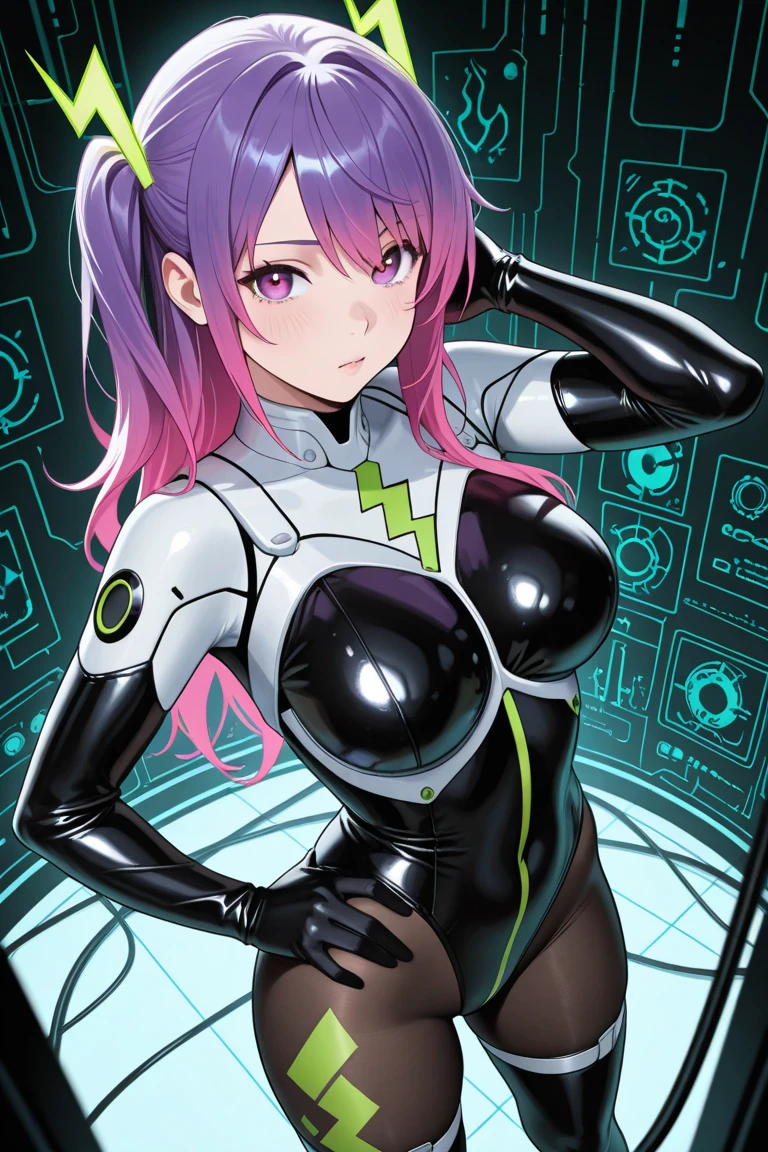 1 girl, BREAK Headgear,mechanical,(((brain,Head Device, brain in Head Device,clavicle, Absurd, 洗brain,Combatant, Hollow Eyes,((Purple glowing eyes 1.5))( Huge breasts ), Expressionless, emotions are removed,((Black Shadaloo Suit)),avert your eyes,(highest quality、4K、8k、High resolution、Must have:1.2)、Very detailed、(reality、that&#39;s reality的、reality的:1.37)、Ticker、Hyper HD、Studio Lighting、Ultra-detailed Paint、Sharp focus、Physically Based Rendering、Extreme Detail、Professional specifications、vibrancy and color、Blurred、anime big breasts、SF、photograph、Concept Artist、Five Fingers, Perfect body,  {{{masterpiece}}}, {{{highest quality}}}, {{Very detailed}}, {shape}, {{Very delicate and beautiful}},