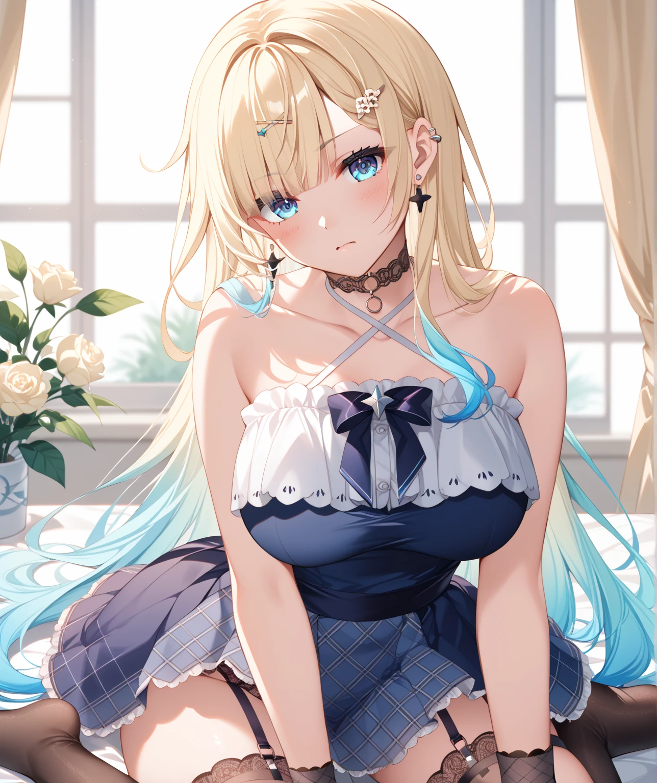 prompt: 8K resolution, Delicate features, , single, Unique pupils, smile, blonde, Princess Cut, Ribbon hair ornament, brooch, Shiny candy blue dress, Gold embroidery,Lolita Style, Gothic style, Facing the audience, Otaku Room, Female demon
