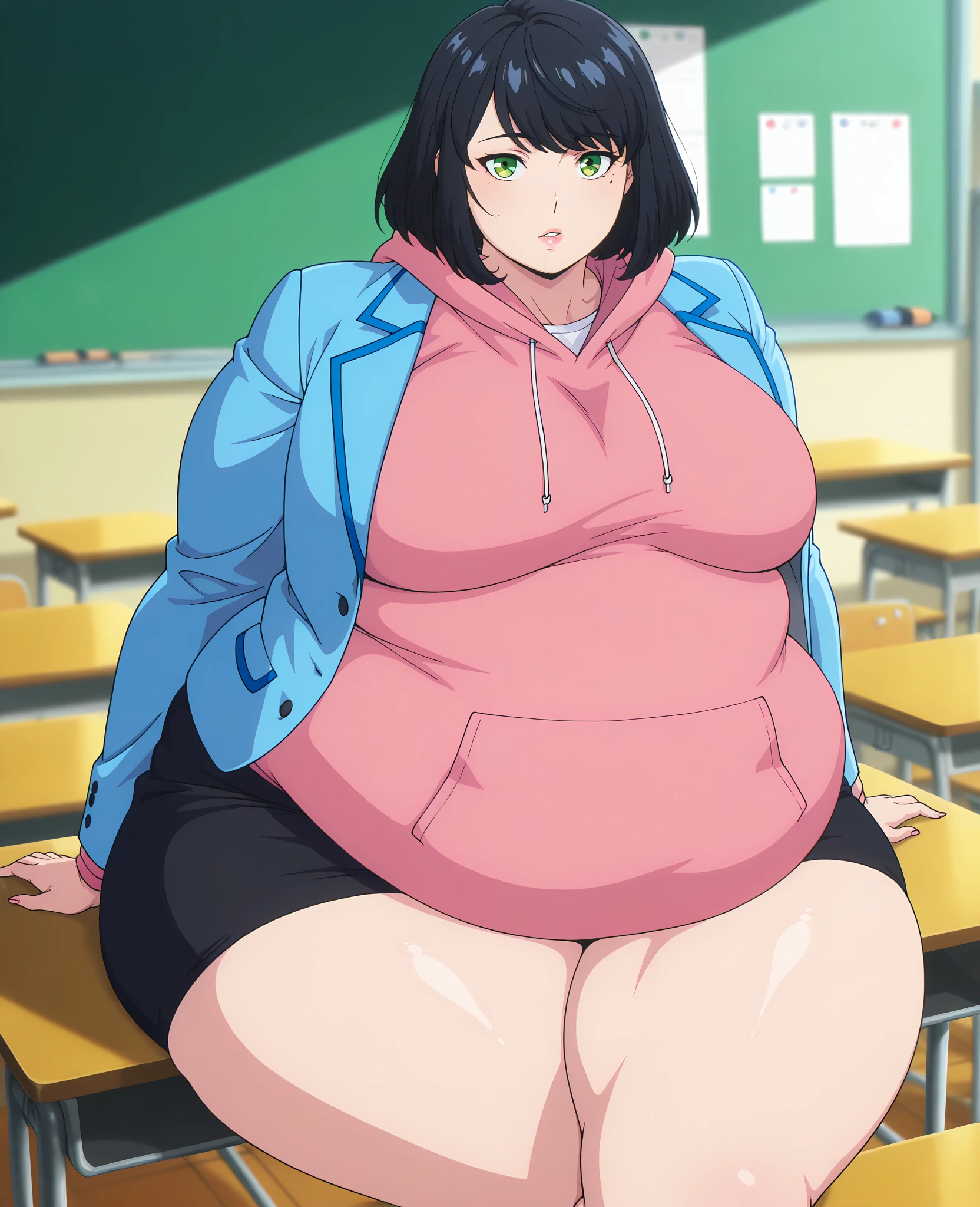 anime screencap, masterpiece, best quality,
1girl, solo, parted lips,
medium hair, black hair, swept bangs, green eyes, mole under eye,
SongYiSchool, blazer, open jacket, blue jacket, pink hoodie, pencil skirt, black skirt,
sitting, on table, crossed legs, looking at the viewer,
indoors, classroom, blurry background, chubby, chubby girl, curvy, large breasts, lips, plump, thick thighs, thighs, (((oversized gigantic stomach)), curvy, large breasts, lips, plump, thick thighs, thigh, immobile