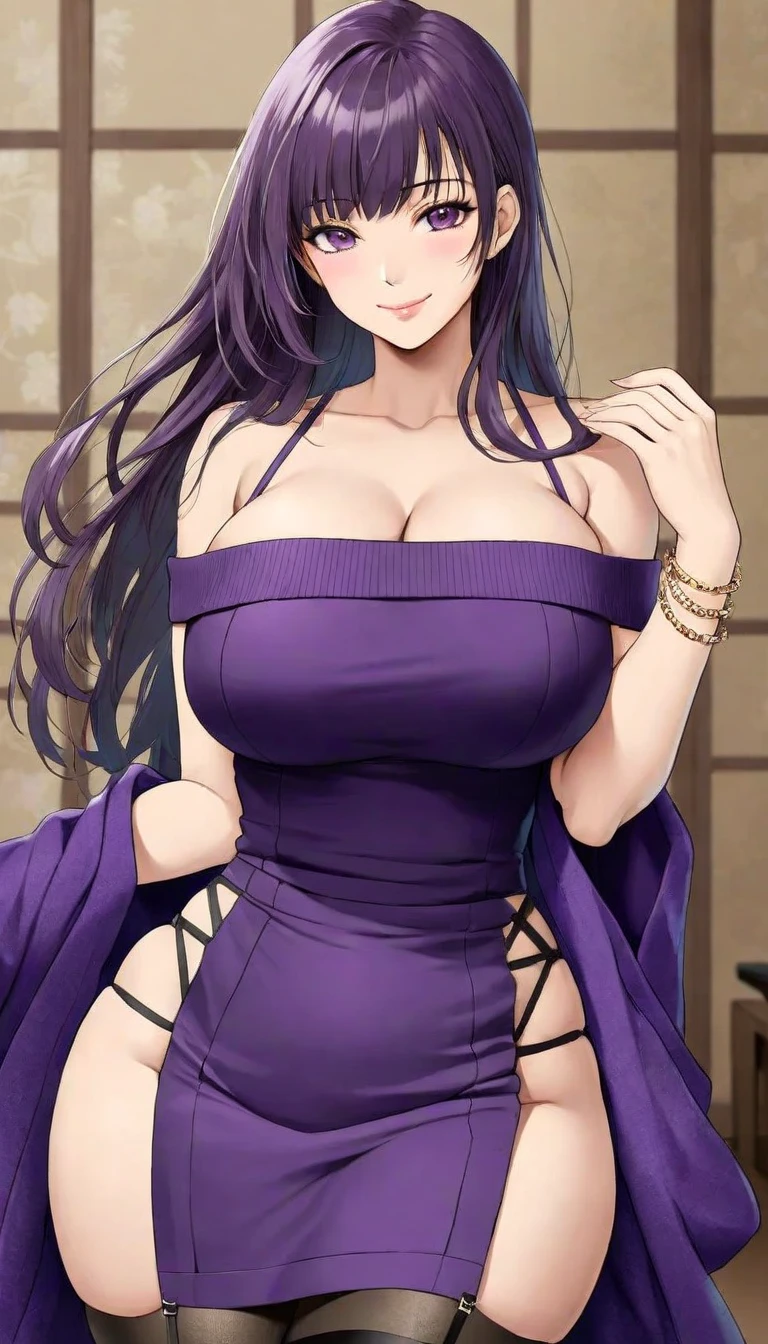 A beautiful adult woman with long hair, big breasts, beautiful legs, and a sharp face is standing blushing in a purple dress-like outfit.。