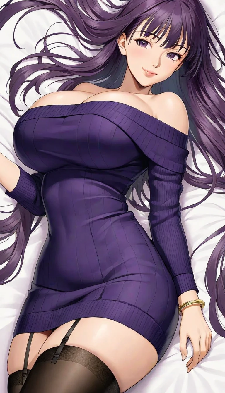 Rize Kamishiro , frontal view , big breastes , unbuttoned office shirt , purple bra, purple hair, looks at us , ssmile , hiquality , Sexy anime woman