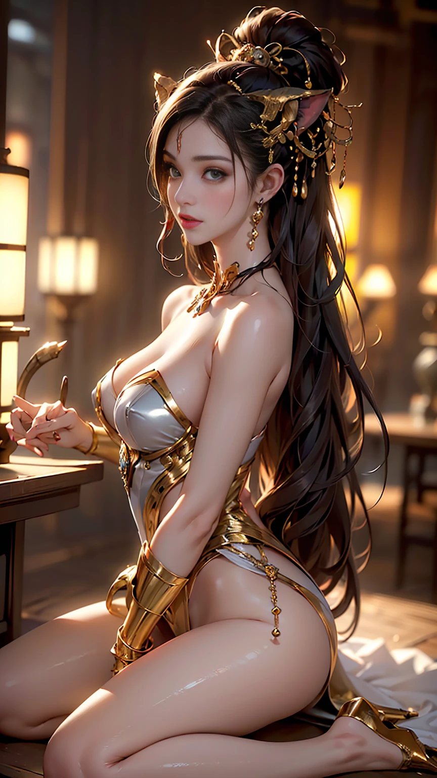 Araf asian woman in golden bikini sitting on bed, Trending on CGSTATION, a beautiful fantasy empress, 8k octae render photo, 8K lighting, wlop. 4 k, intricate wlop, fanart best artstation, wlop glossy skin, 8k high quality detailed art, goddess of Japan, beautiful alluring anime woman