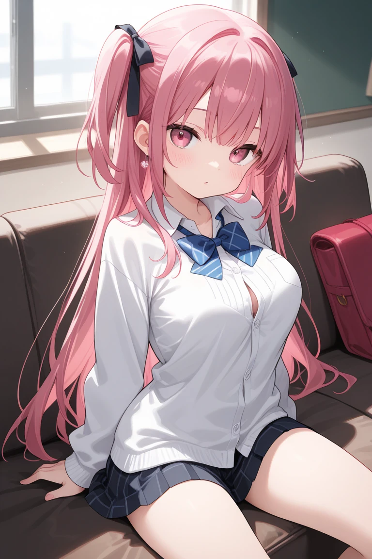 1girl, (masterpiece, best quality, high resolution, 4k), beauty, Gigantic , perfekte rundungen, schmal, big bust, sportlich, (((looks lustful, unglaublich rot im gesicht, hat den mund offen, hat speichel am mund, blushes strongly))), ((wearing a school uniform,wears a mini skirt, pinke haare, lange haare)),sexy, cute, ((schaut den betarchter an, beide beine nach hinten, beine angewinkelt)), auf dem bett
